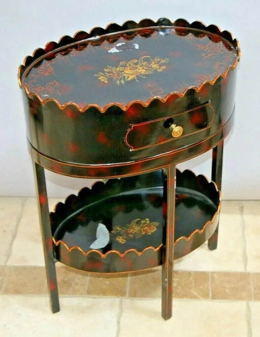 1990s Maitland Smith Table English Regency Metal Black Painted Two Tier Drawer Rare - 4