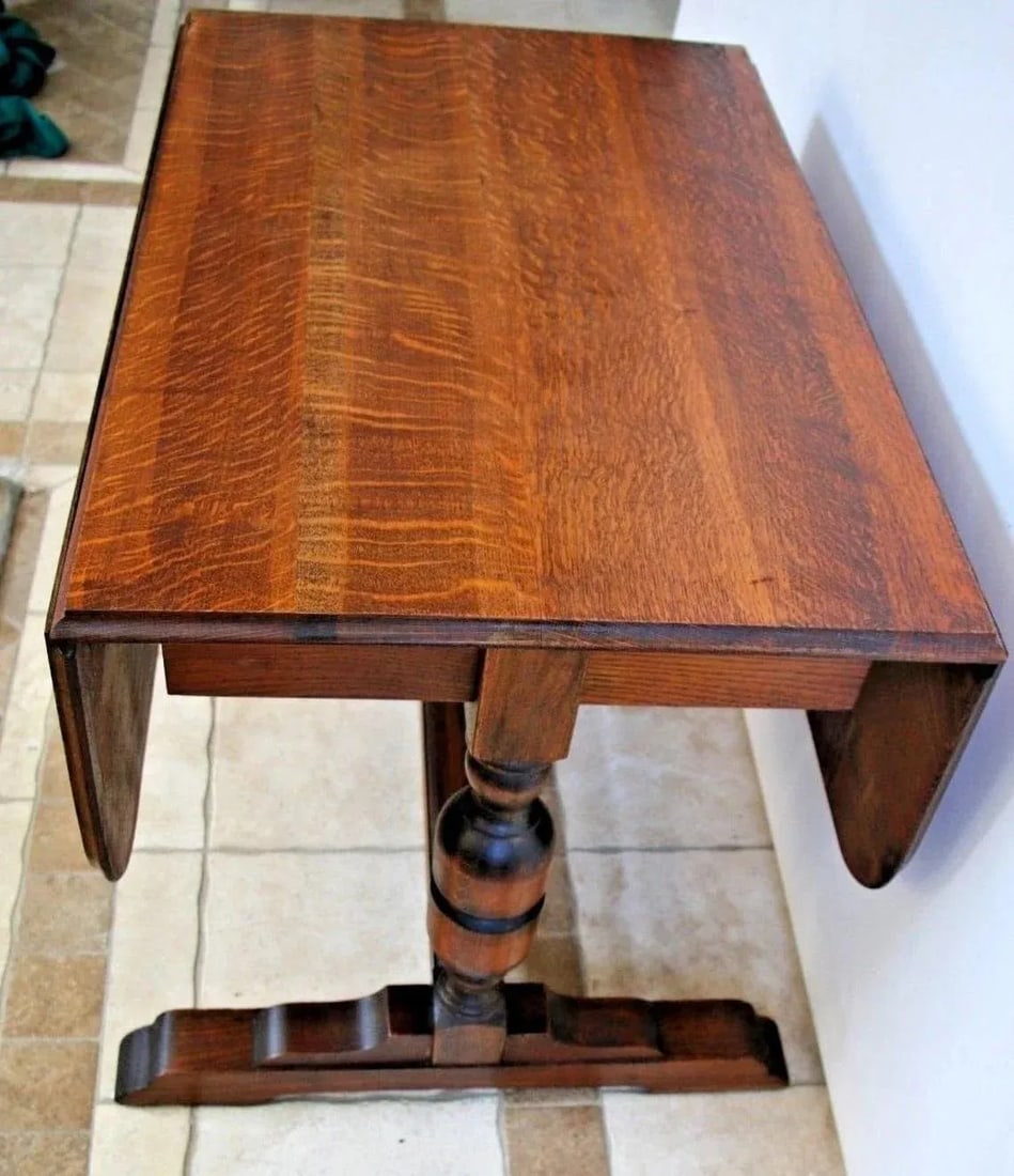 19th Century Antique English Solid Tiger Oak Drop Side Leaf Pub Table Kitchen Game Seats Six - 6