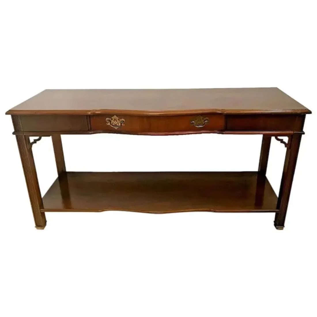1970s Vintage Bassett Sofa Console Table Drawer Bottom Shelf Chinese Chippendale - 2