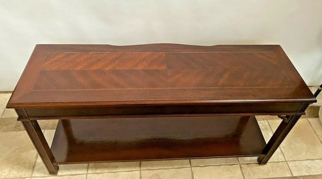 1970s Vintage Bassett Sofa Console Table Drawer Bottom Shelf Chinese Chippendale - 4