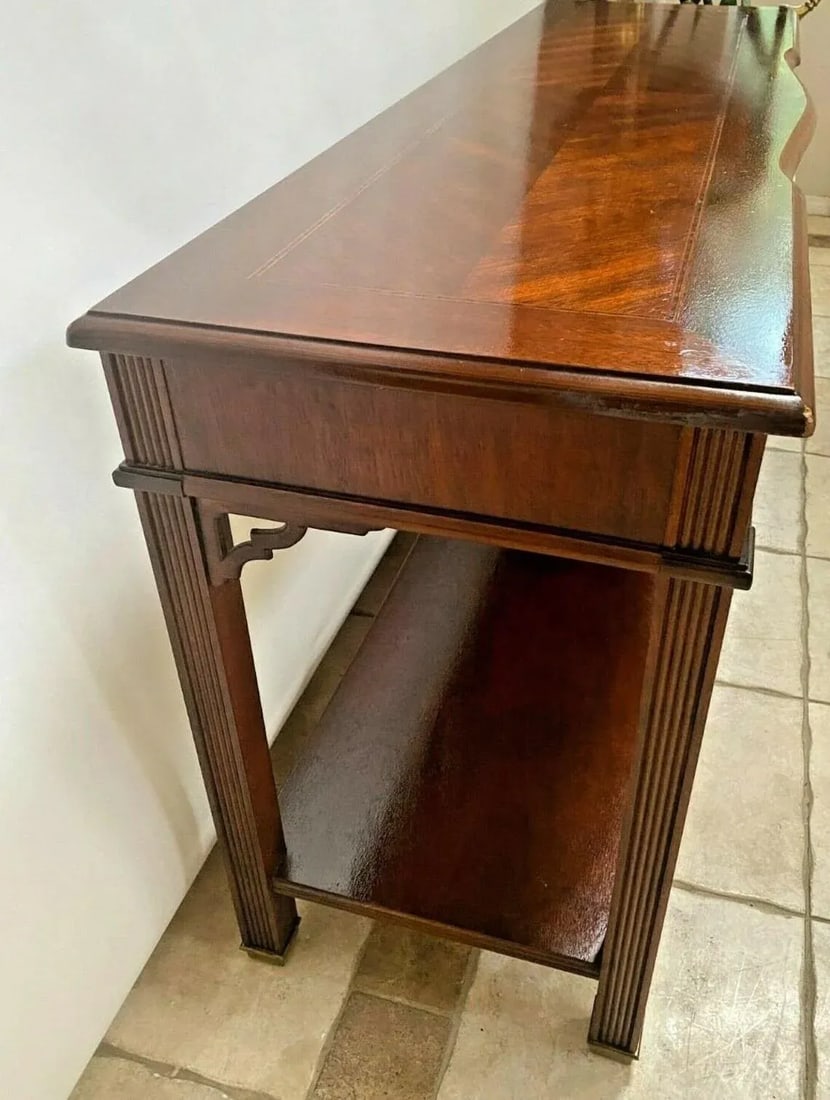 1970s Vintage Bassett Sofa Console Table Drawer Bottom Shelf Chinese Chippendale - 5