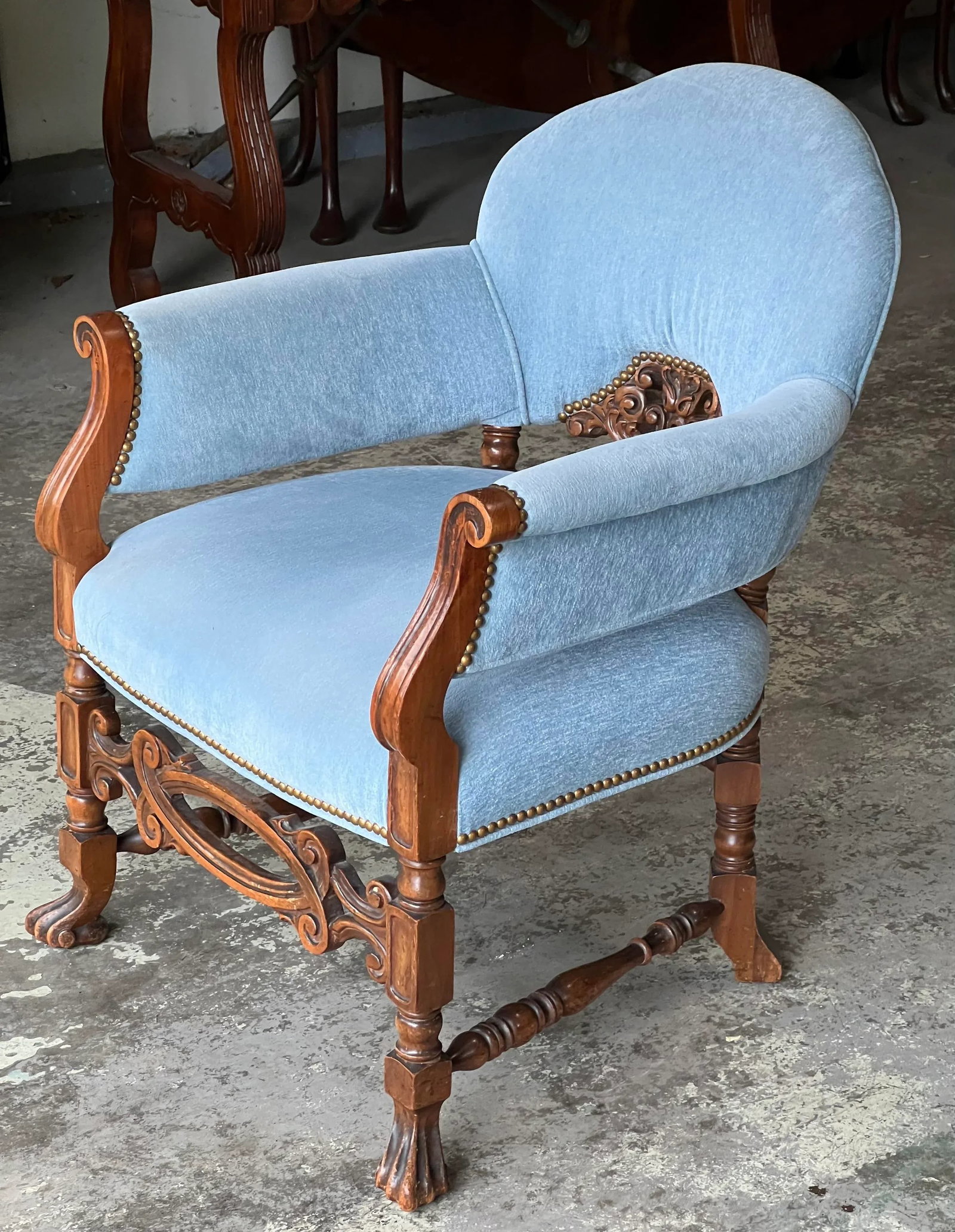 Antique Carved Wood Upholstered Arm Chair C. 1920 - 2