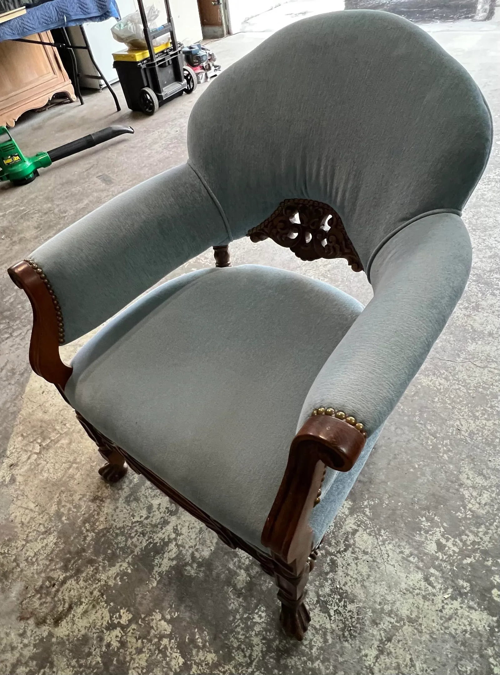 Antique Carved Wood Upholstered Arm Chair C. 1920 - 3