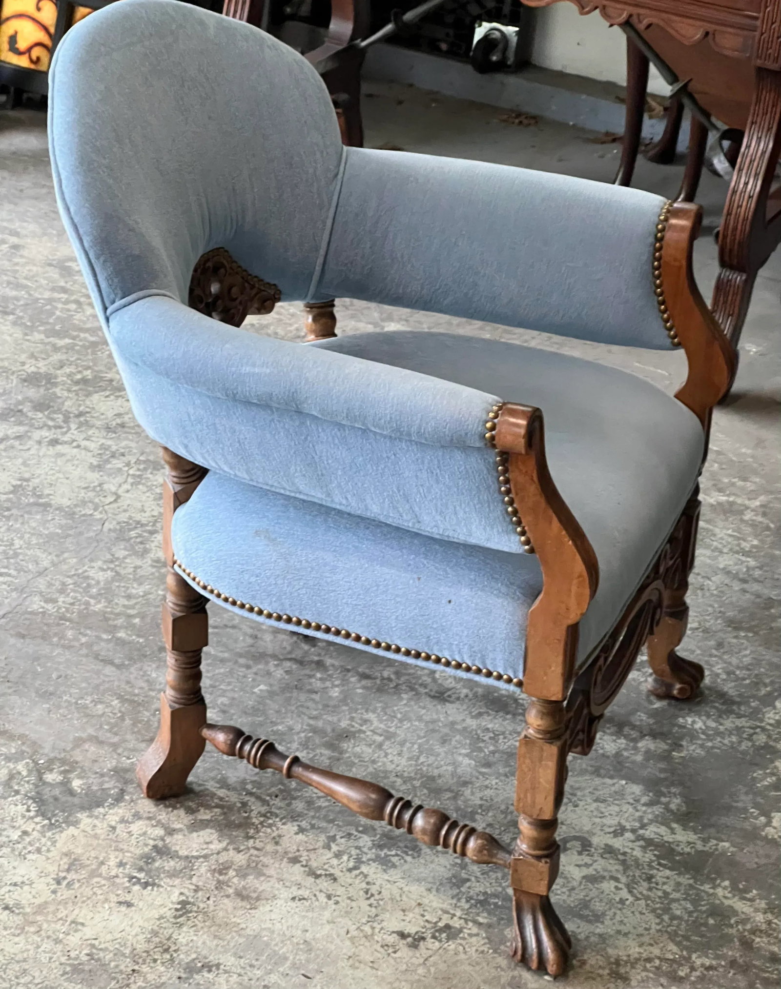Antique Carved Wood Upholstered Arm Chair C. 1920 - 4