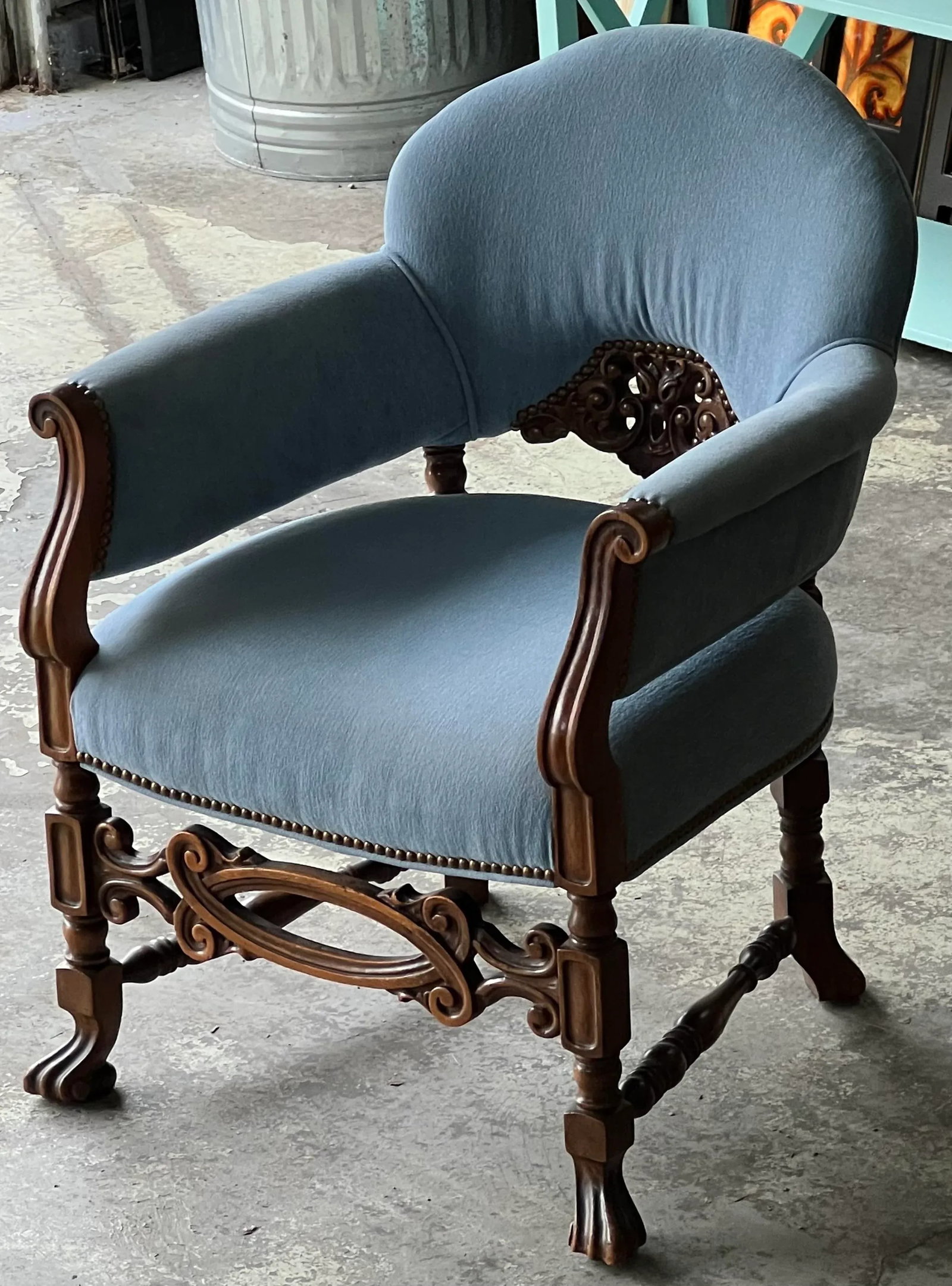 Antique Carved Wood Upholstered Arm Chair C. 1920 - 5