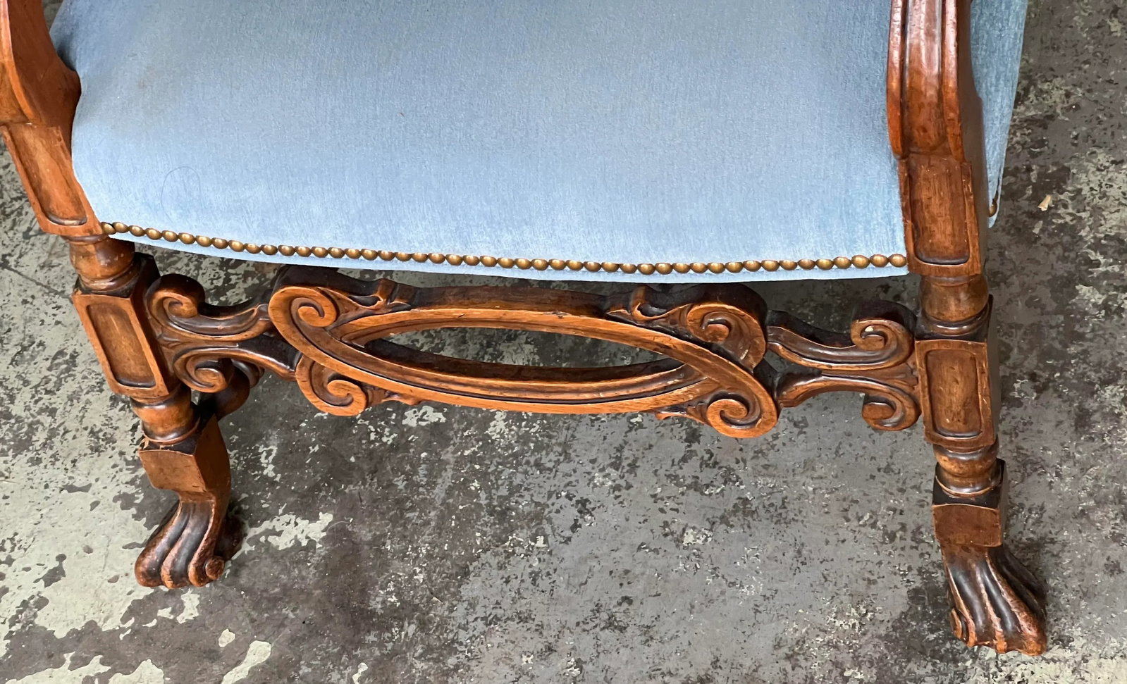 Antique Carved Wood Upholstered Arm Chair C. 1920 - 6