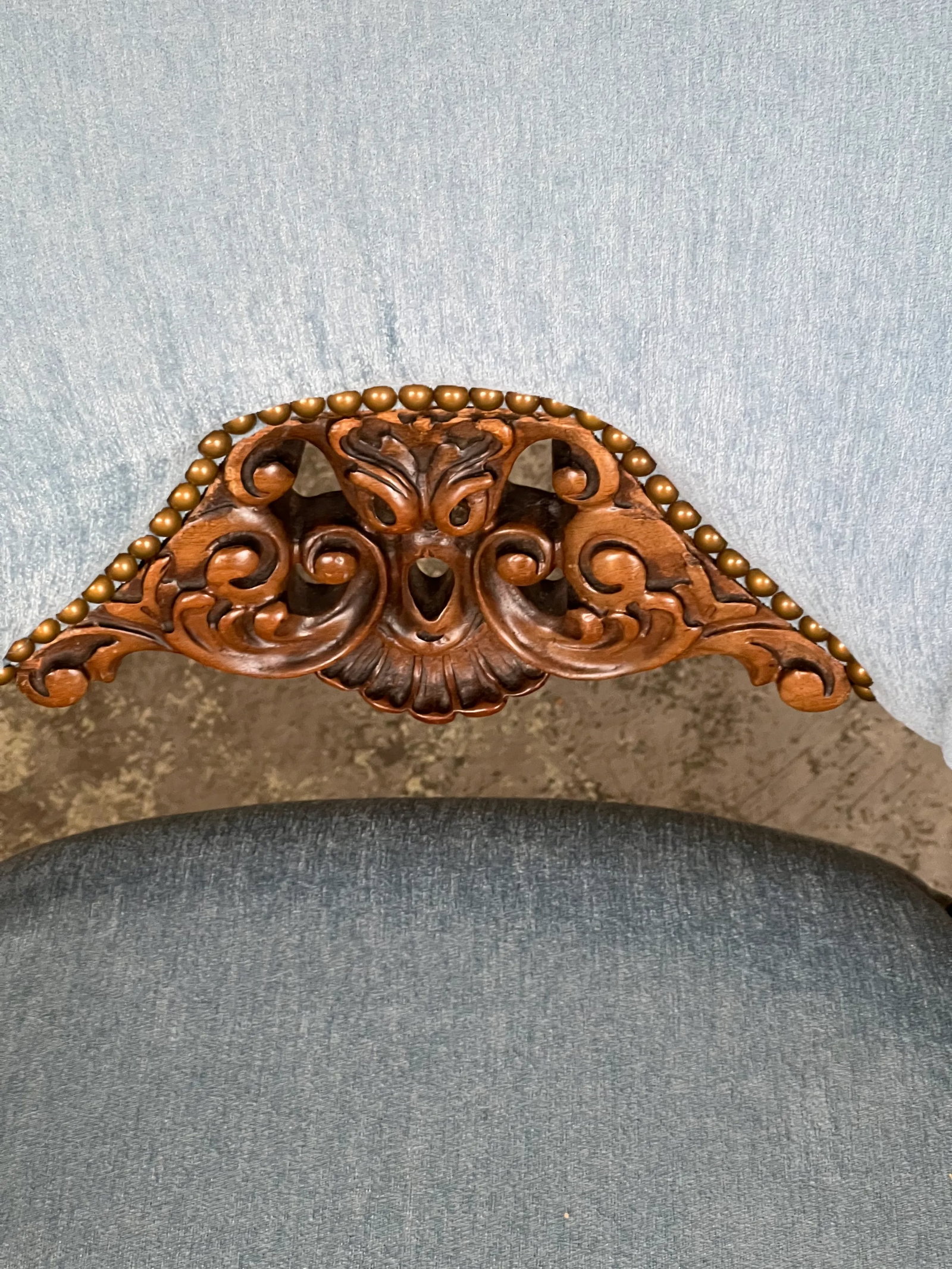 Antique Carved Wood Upholstered Arm Chair C. 1920 - 7
