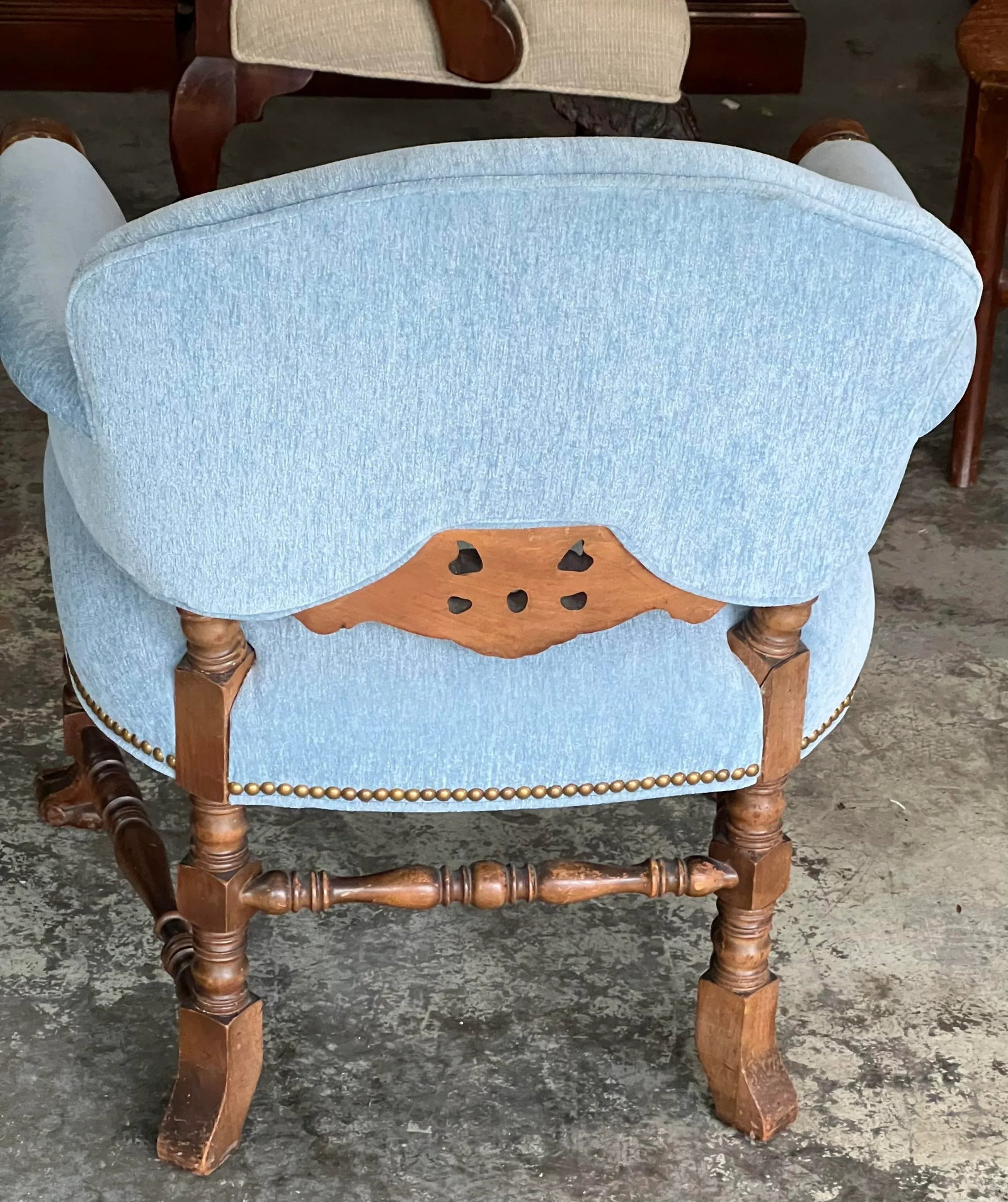 Antique Carved Wood Upholstered Arm Chair C. 1920 - 8