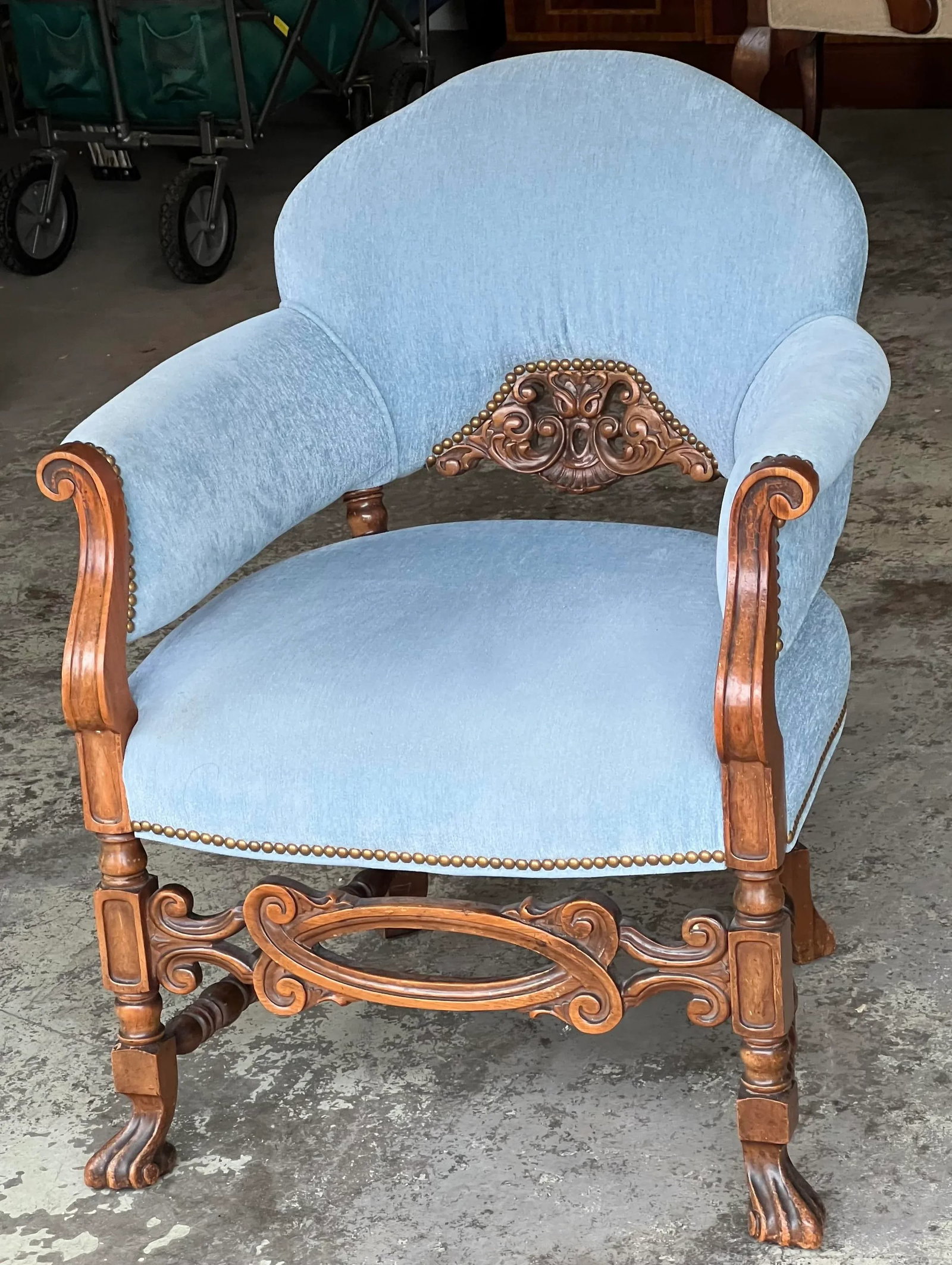 Antique Carved Wood Upholstered Arm Chair C. 1920 - 9