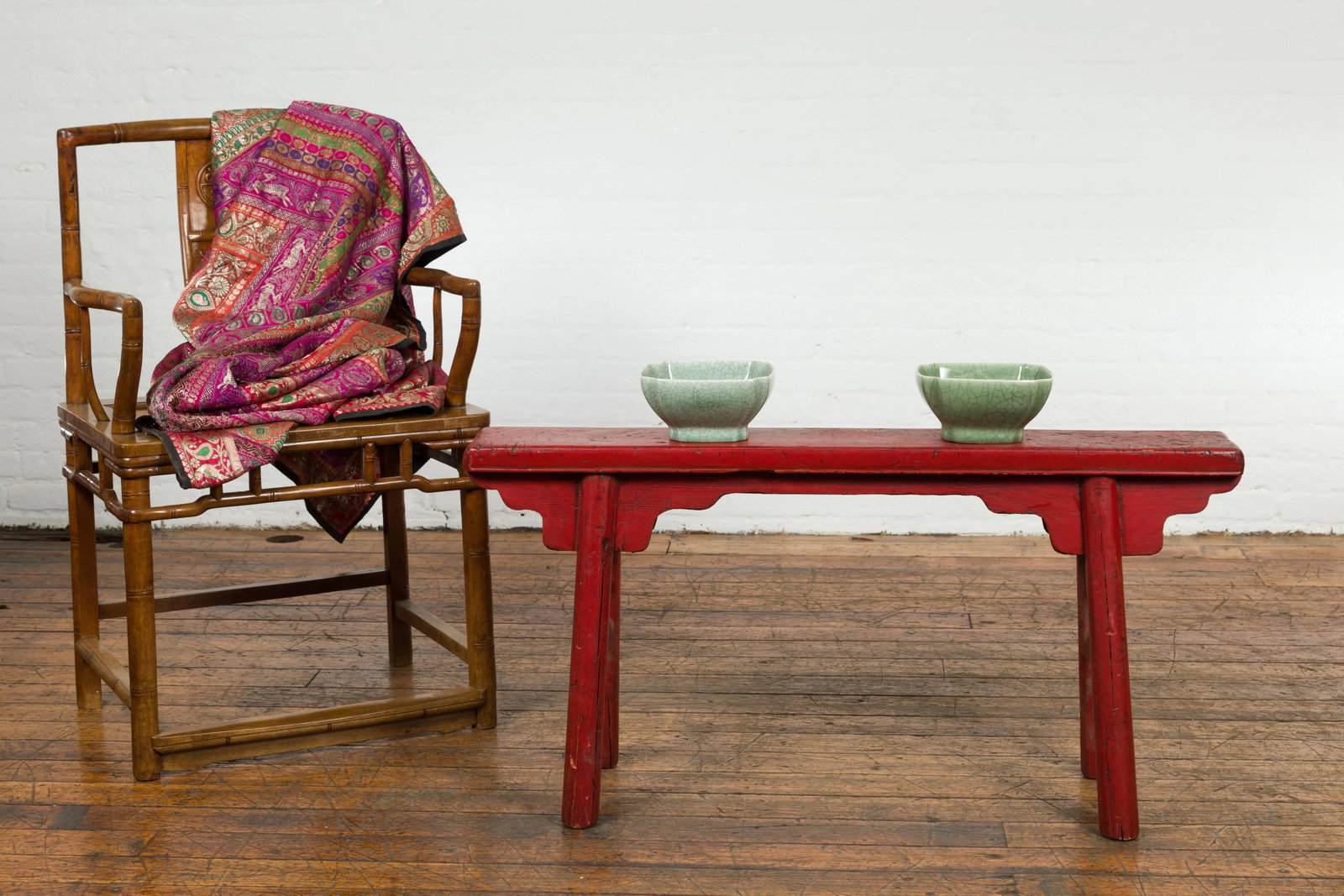 Vintage Red Lacquered Bench with A-Form Base - 3