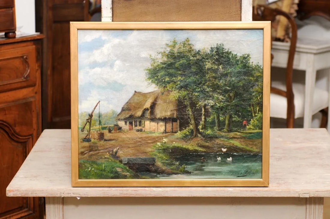 Belgian Julien T'felt 1890s Gilt Framed Oil Painting Depicting a Farmyard Scene - 2