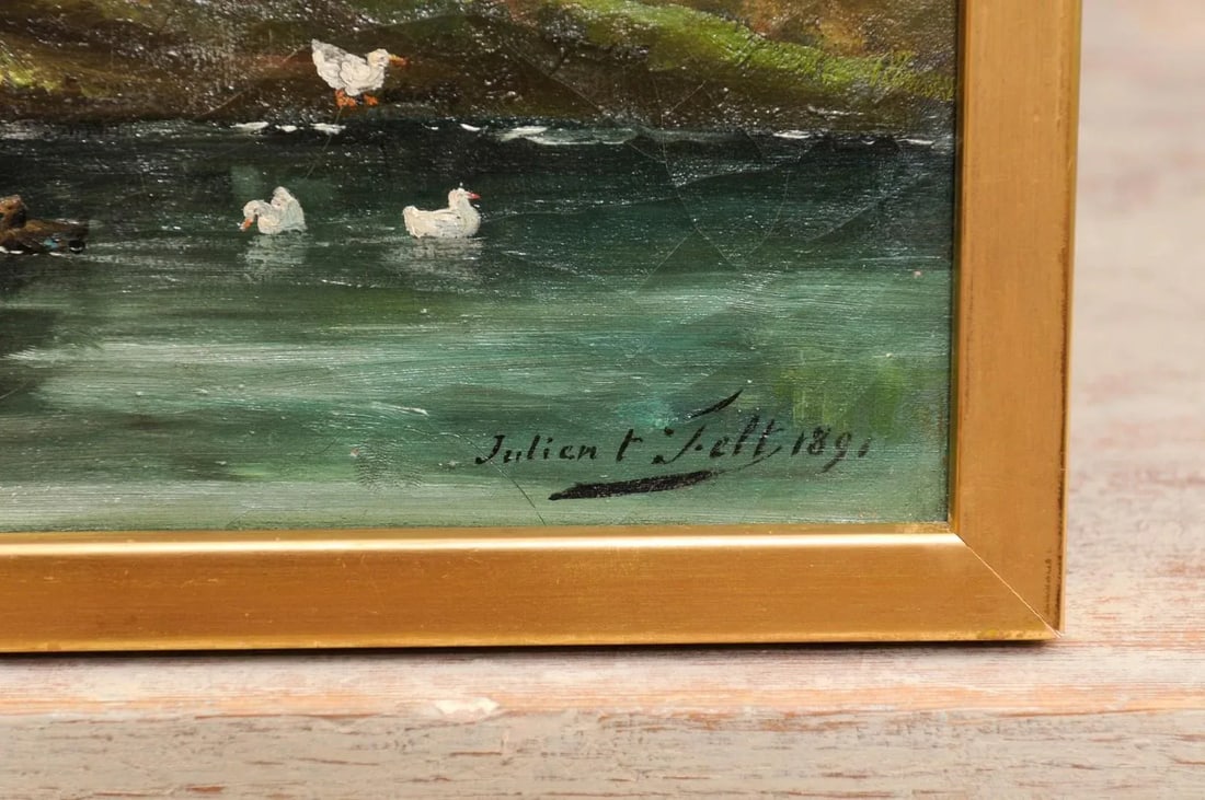 Belgian Julien T'felt 1890s Gilt Framed Oil Painting Depicting a Farmyard Scene - 6