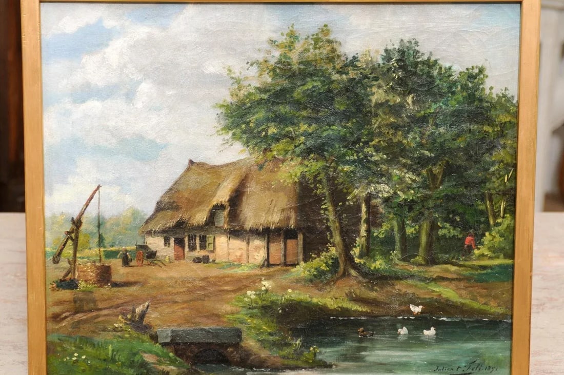Belgian Julien T'felt 1890s Gilt Framed Oil Painting Depicting a Farmyard Scene - 8