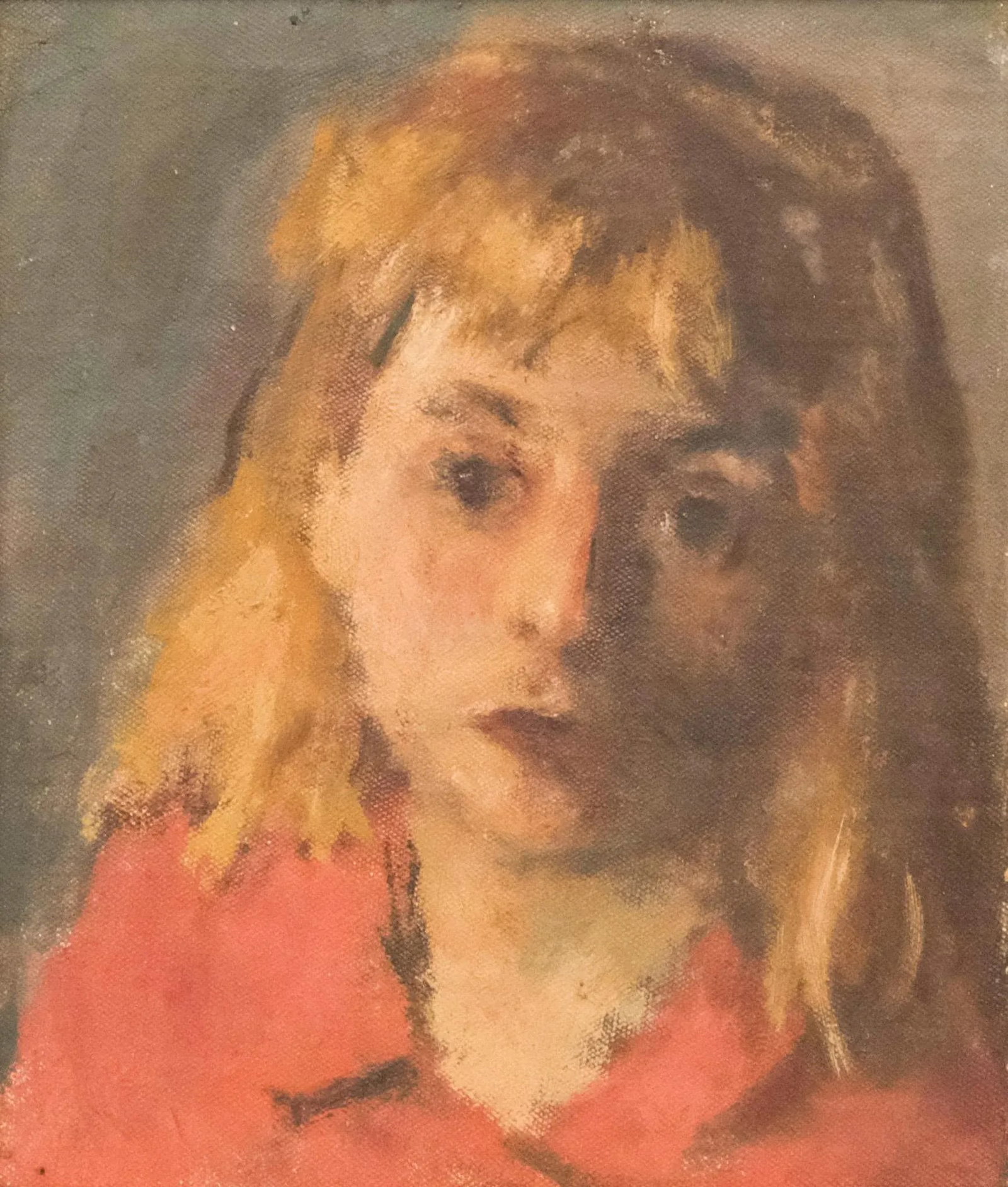 American Ashcan School Oil Painting on Board - Portrait of a Blond Girl in a Red Dress - 2