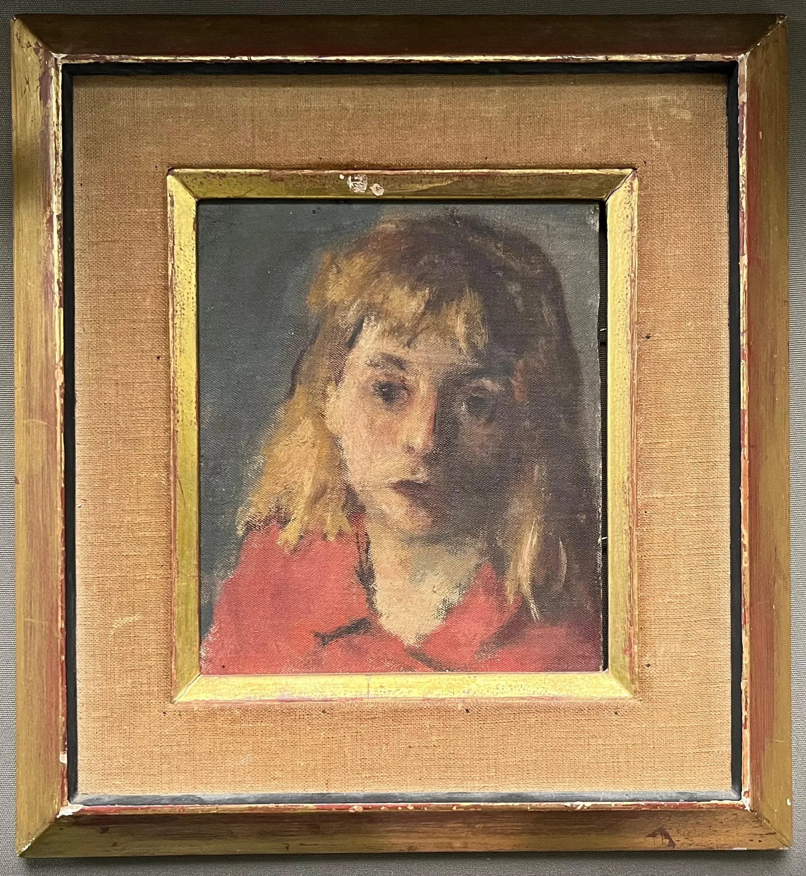 American Ashcan School Oil Painting on Board - Portrait of a Blond Girl in a Red Dress - 5