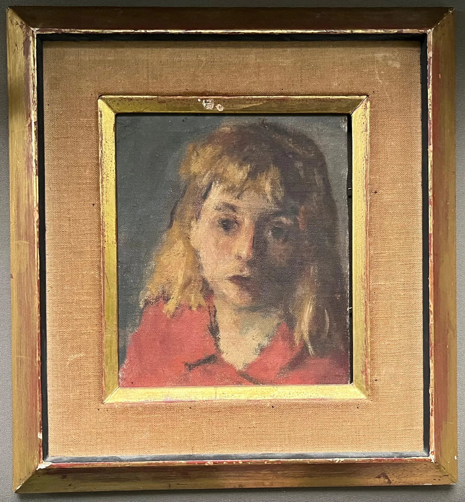 American Ashcan School Oil Painting on Board - Portrait of a Blond Girl in a Red Dress - 7