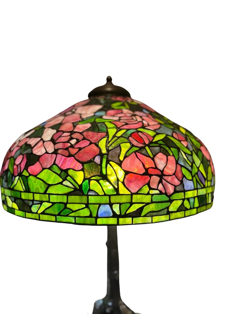 Unique Art Glass & Metal Company Leaded Glass Peony Table Lamp C. 1915 - 3