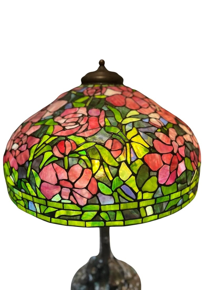 Unique Art Glass & Metal Company Leaded Glass Peony Table Lamp C. 1915 - 4