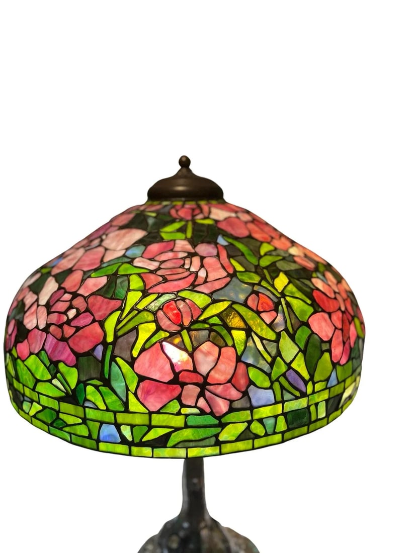 Unique Art Glass & Metal Company Leaded Glass Peony Table Lamp C. 1915 - 7