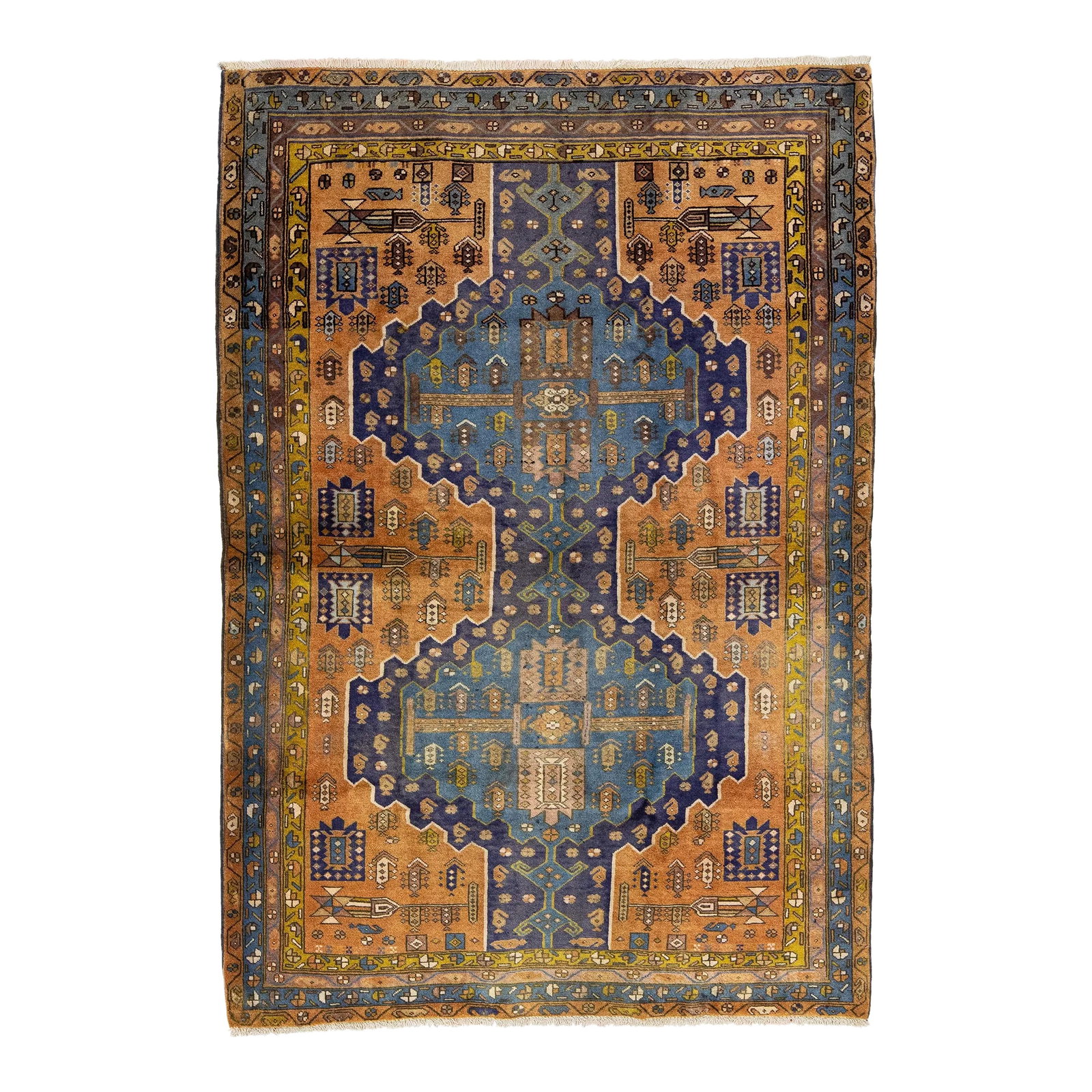 1960s Vintage Heriz Tribal Pattern on a Rich Brown Persian Wool Rug: This stunning, hand-knotted vintage Heriz wool rug is presented in an attractive light brown color. The rug is further enhanced with yellow and brown accents that form a unique geometric tribal patter