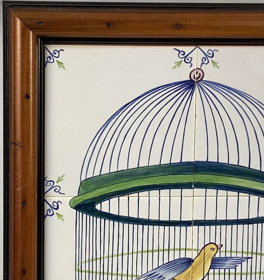 Delft Bird in Cage Tile Mural, Framed - 2