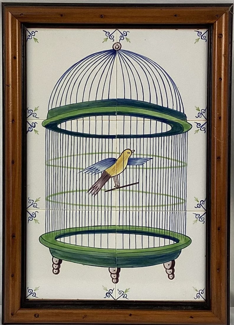 Delft Bird in Cage Tile Mural, Framed - 7