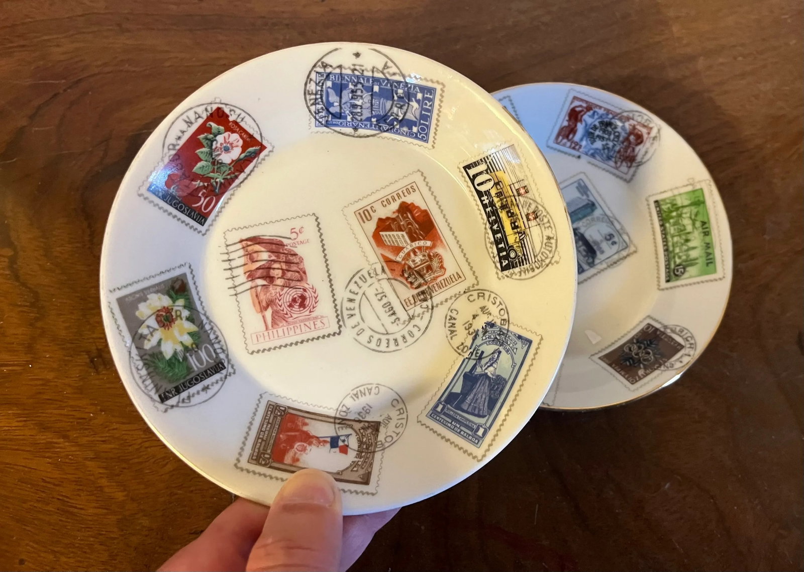 Mid-Century Modern Richard Ginori Italian Porcelain Dishes Decorated With World Postage Stamps - a P - 2