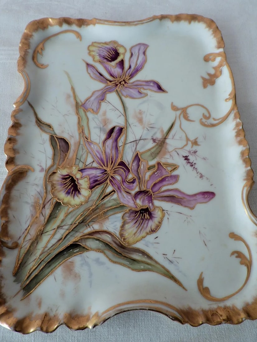 Antique Art Nouveau Limoges Haviland & Co France Porcelain Hand Painted Purple Iris Tray 1888 1896 - 2