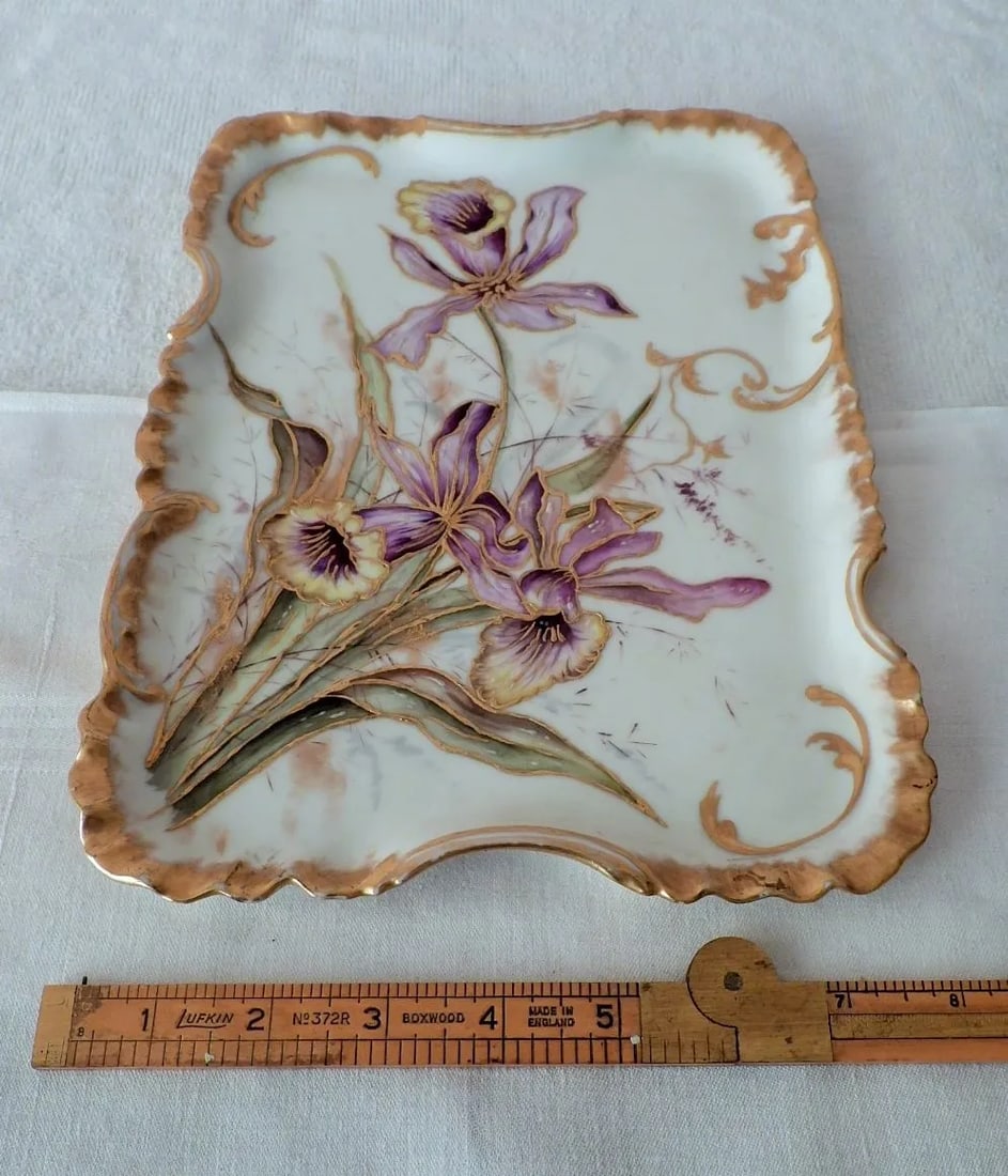 Antique Art Nouveau Limoges Haviland & Co France Porcelain Hand Painted Purple Iris Tray 1888 1896 - 3