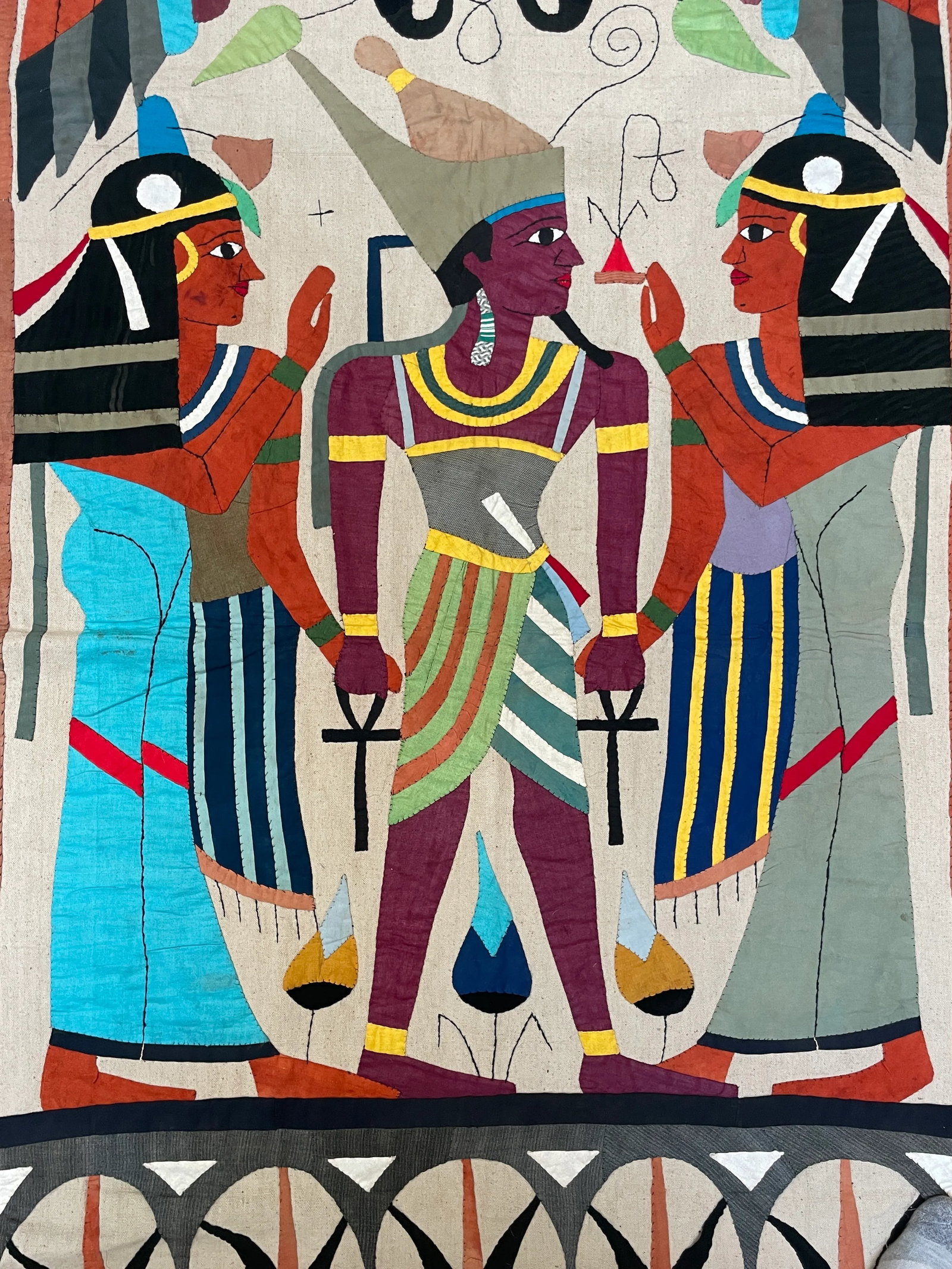 Large Egyptian Applique Wall Hanging Depicting Coronation of King Ptolemy VIII & Goddesses - 2