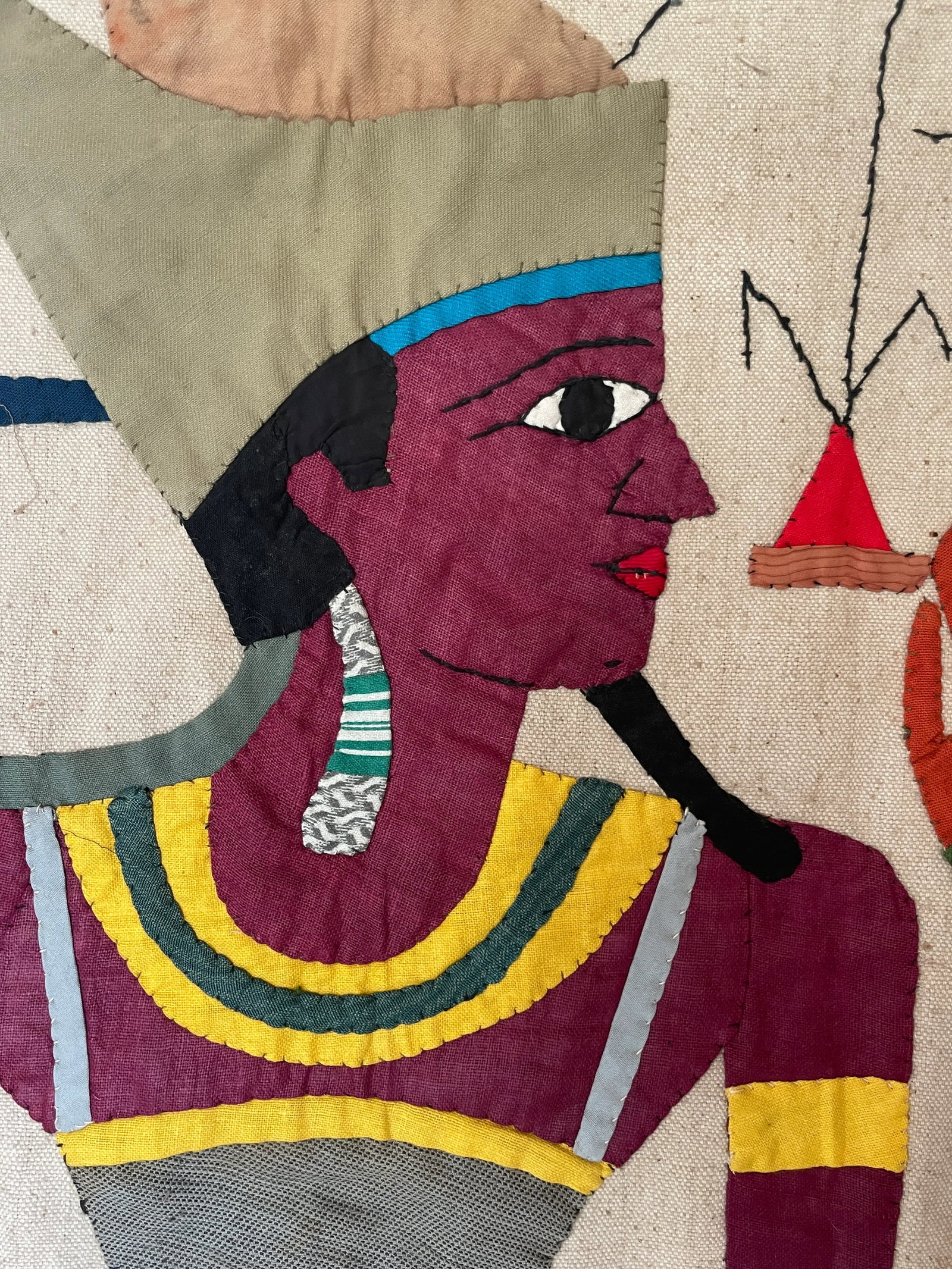Large Egyptian Applique Wall Hanging Depicting Coronation of King Ptolemy VIII & Goddesses - 4