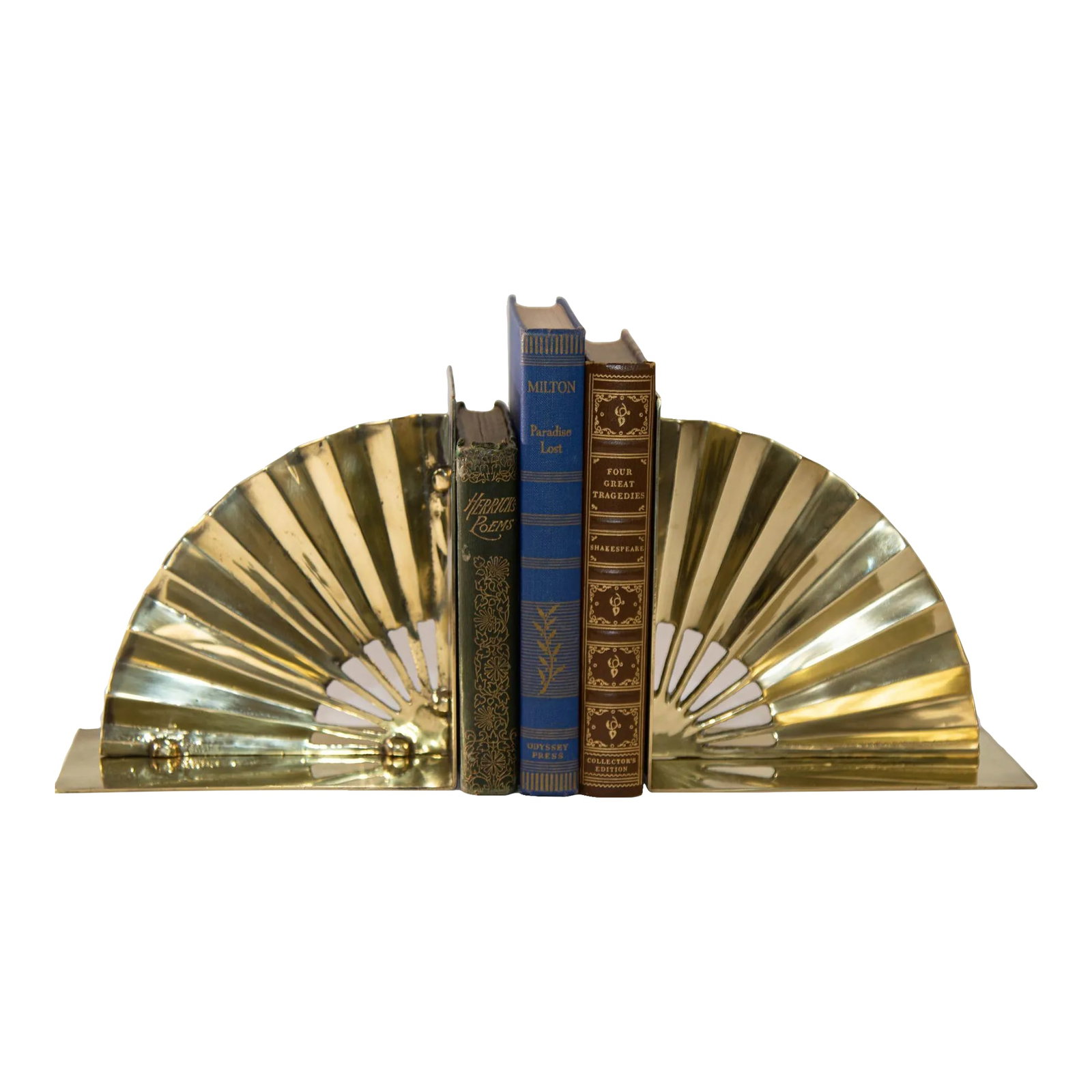 1950s Hollywood Regency Solid Polished Brass Bookends Asian Fan Shaped - 2