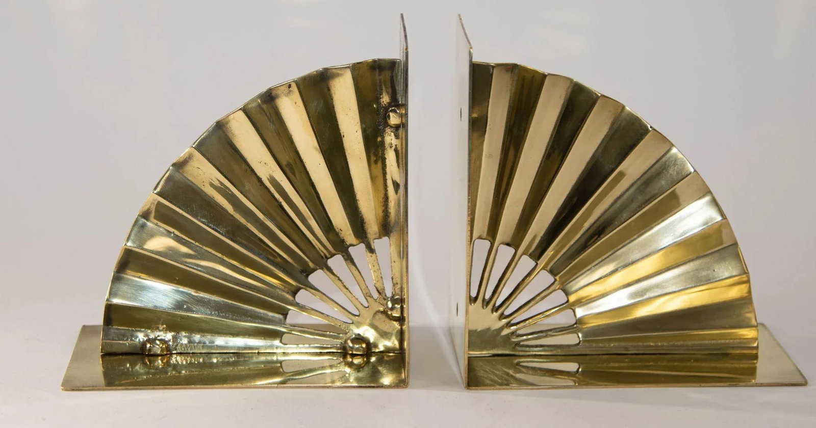 1950s Hollywood Regency Solid Polished Brass Bookends Asian Fan Shaped - 3