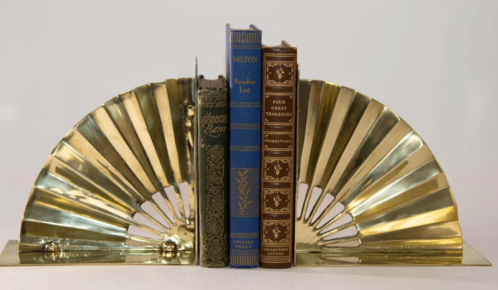 1950s Hollywood Regency Solid Polished Brass Bookends Asian Fan Shaped - 4