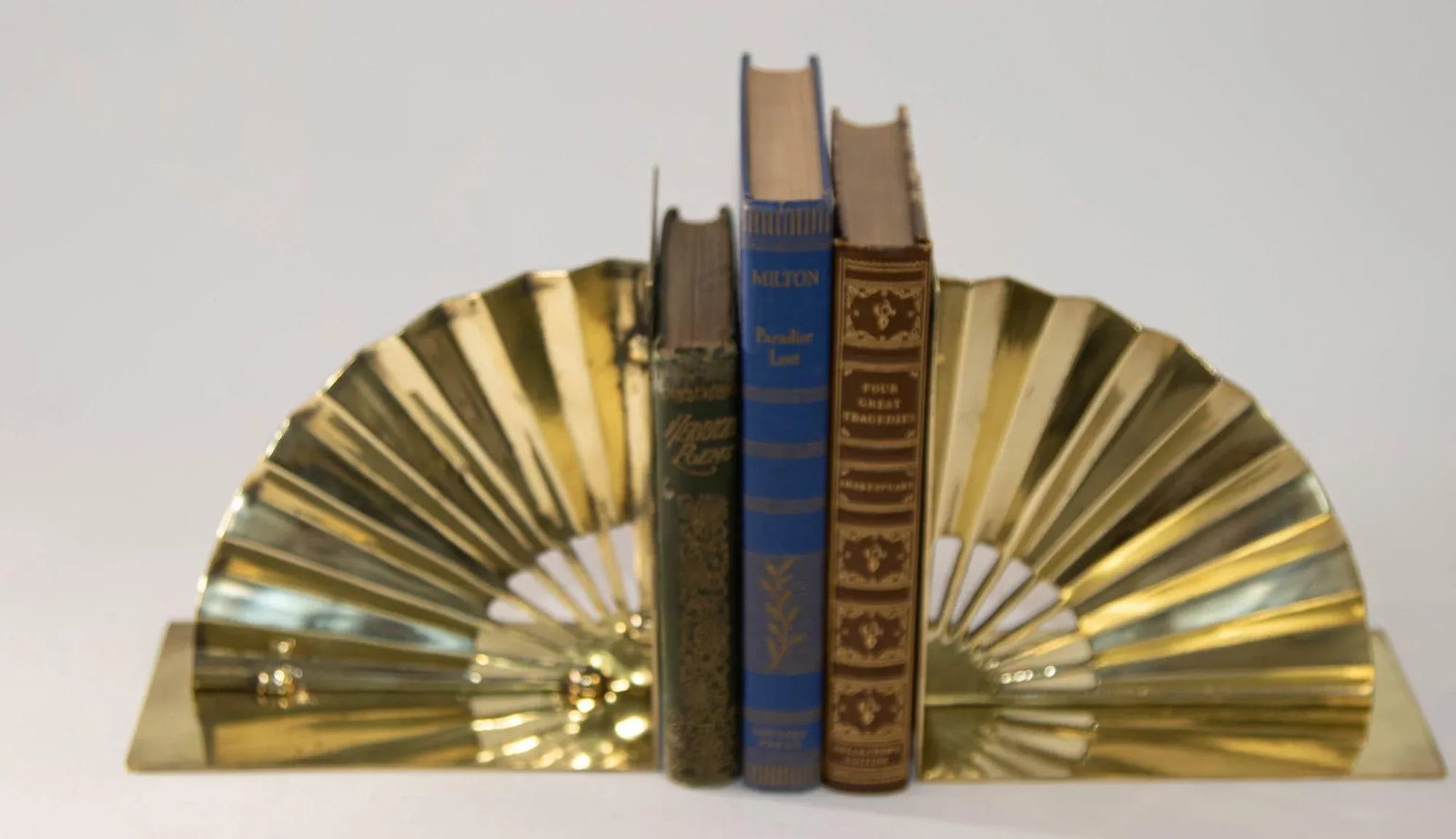 1950s Hollywood Regency Solid Polished Brass Bookends Asian Fan Shaped - 5