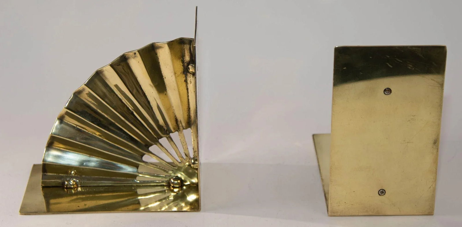 1950s Hollywood Regency Solid Polished Brass Bookends Asian Fan Shaped - 6