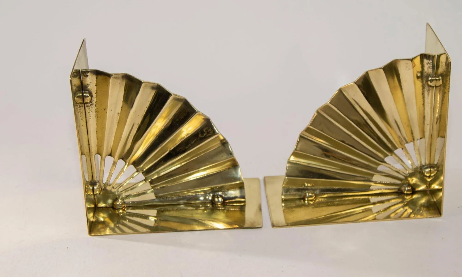 1950s Hollywood Regency Solid Polished Brass Bookends Asian Fan Shaped - 9