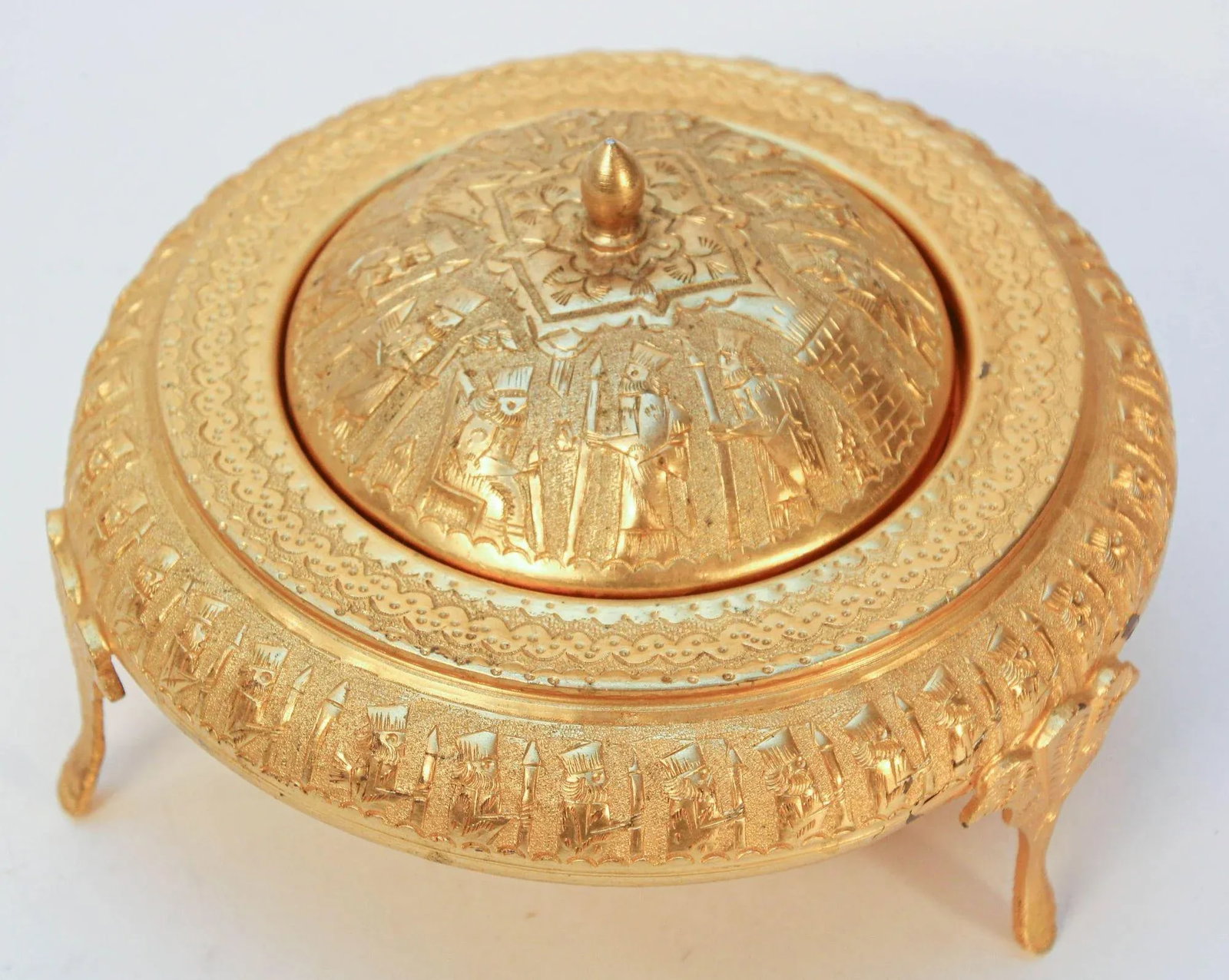 Vintage Gold Tone Islamic Moorish Roll Top Caviar Footed Dish Server 1960s - 2