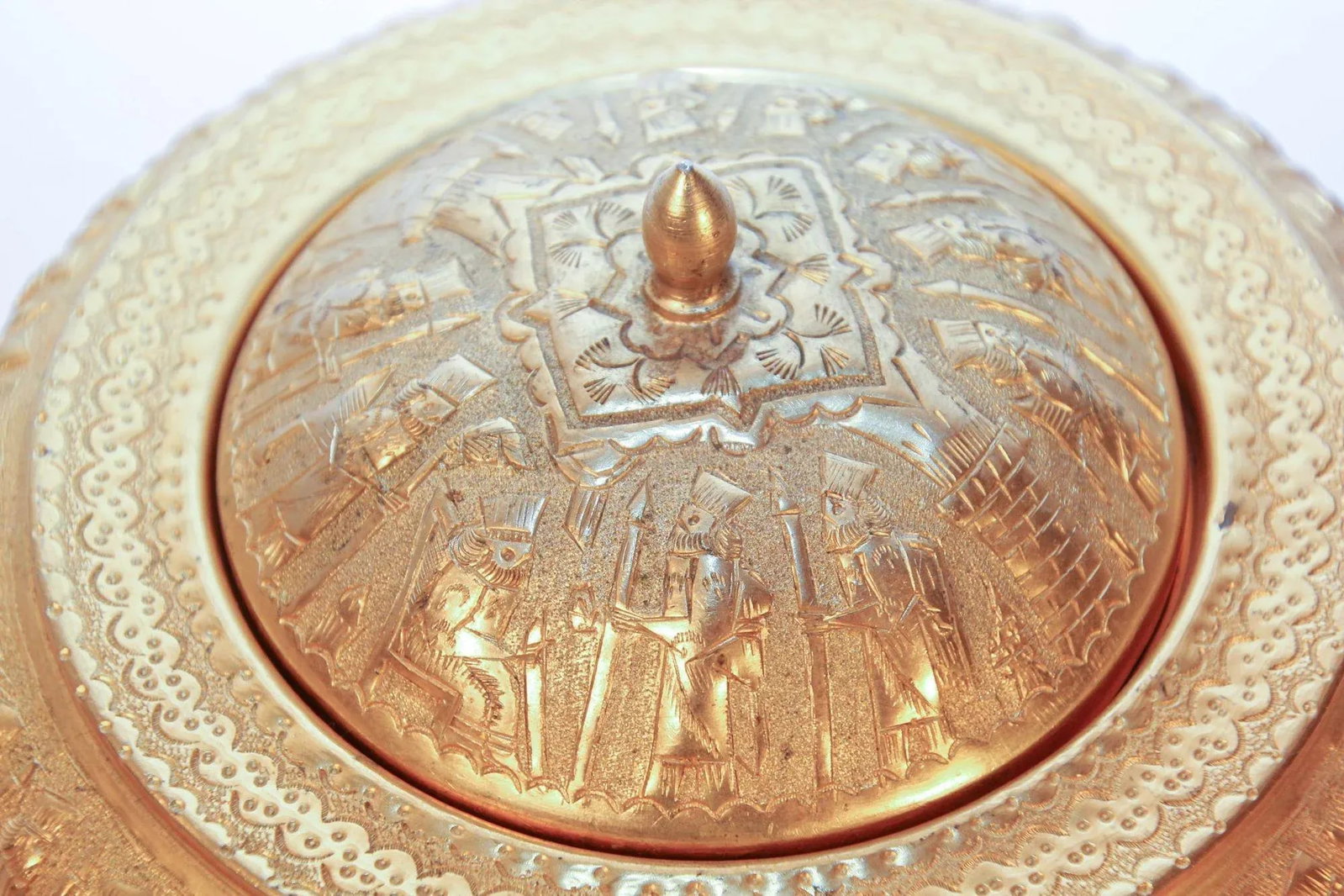 Vintage Gold Tone Islamic Moorish Roll Top Caviar Footed Dish Server 1960s - 3