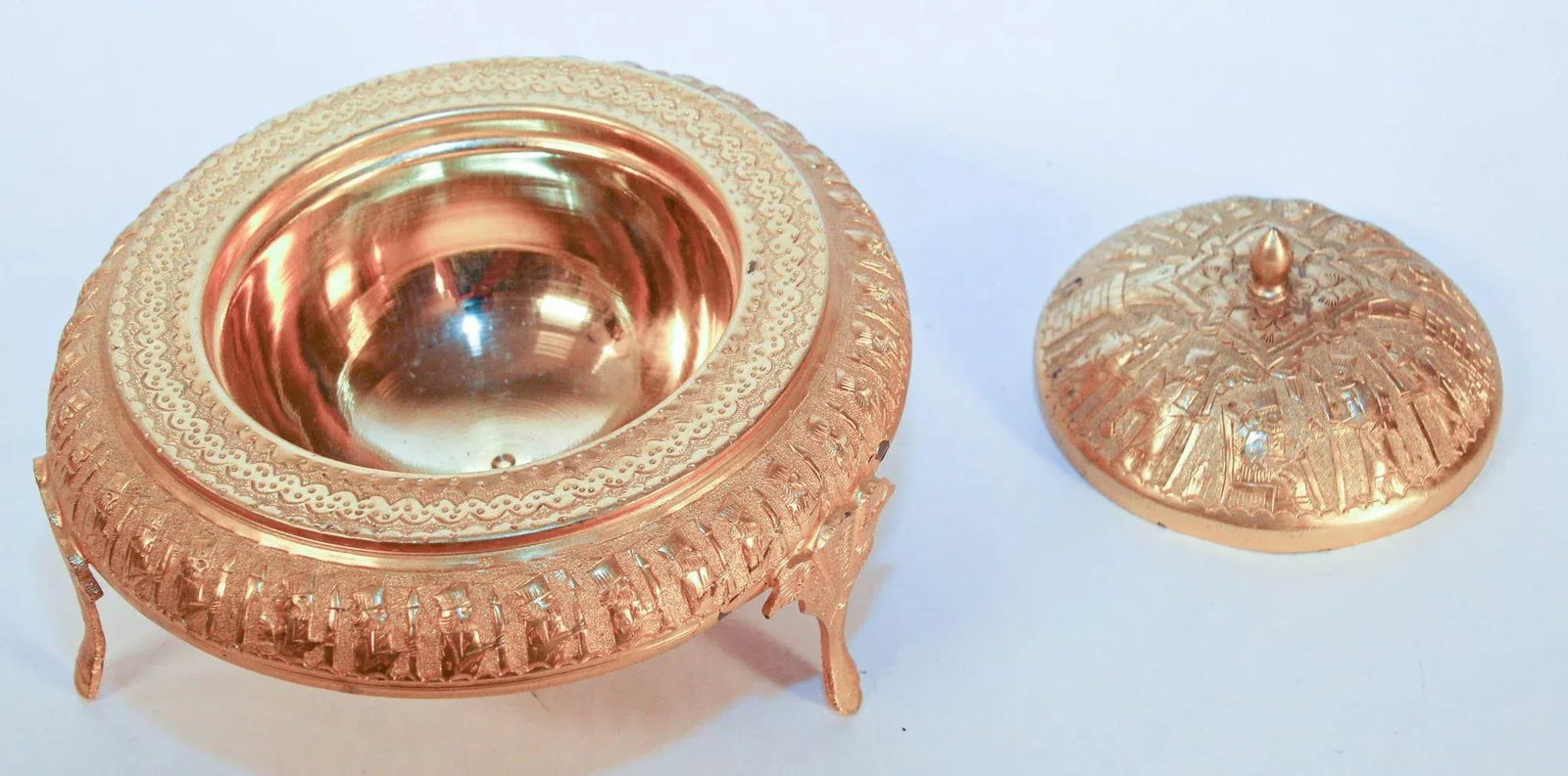 Vintage Gold Tone Islamic Moorish Roll Top Caviar Footed Dish Server 1960s - 5