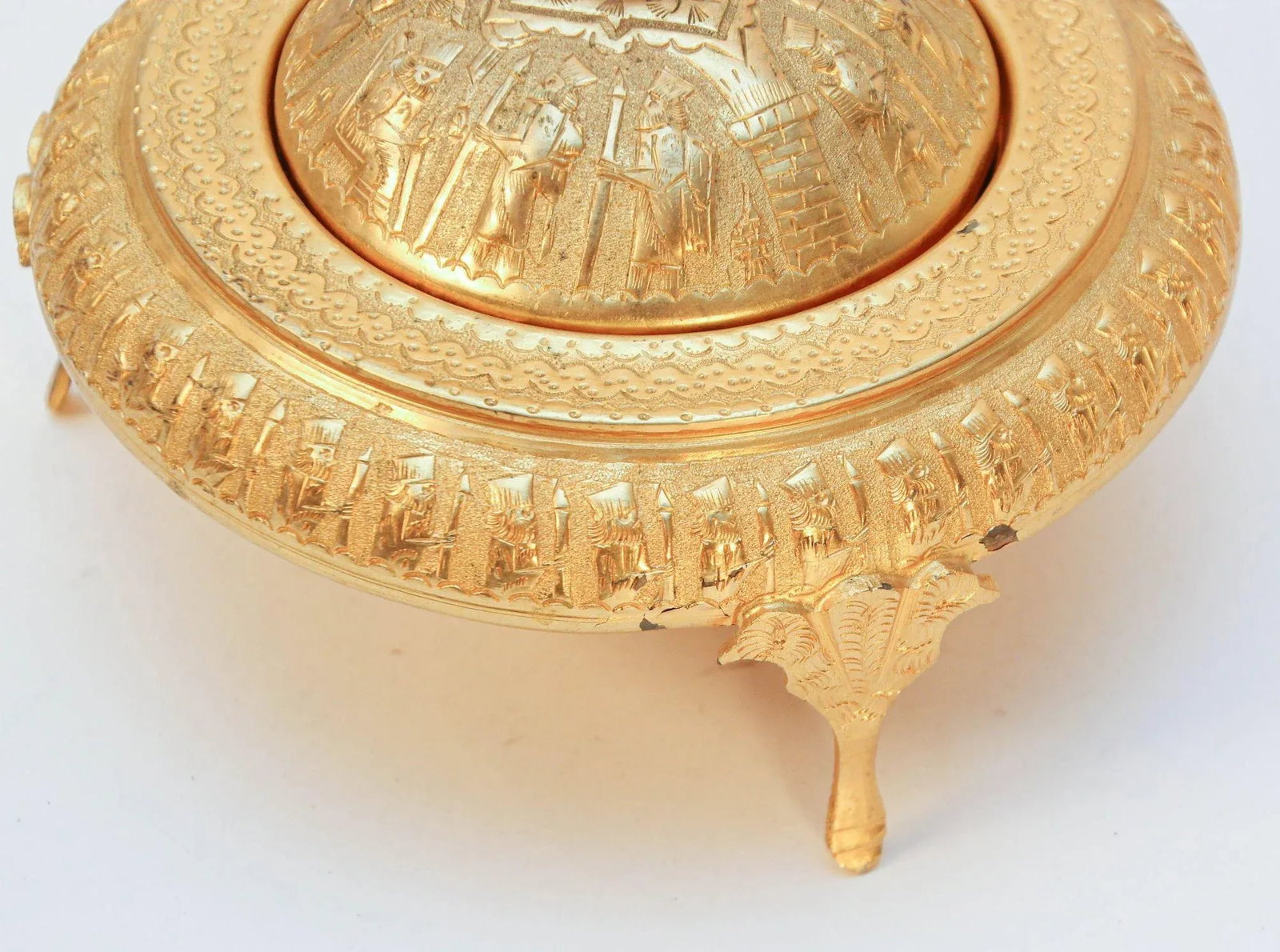 Vintage Gold Tone Islamic Moorish Roll Top Caviar Footed Dish Server 1960s - 7
