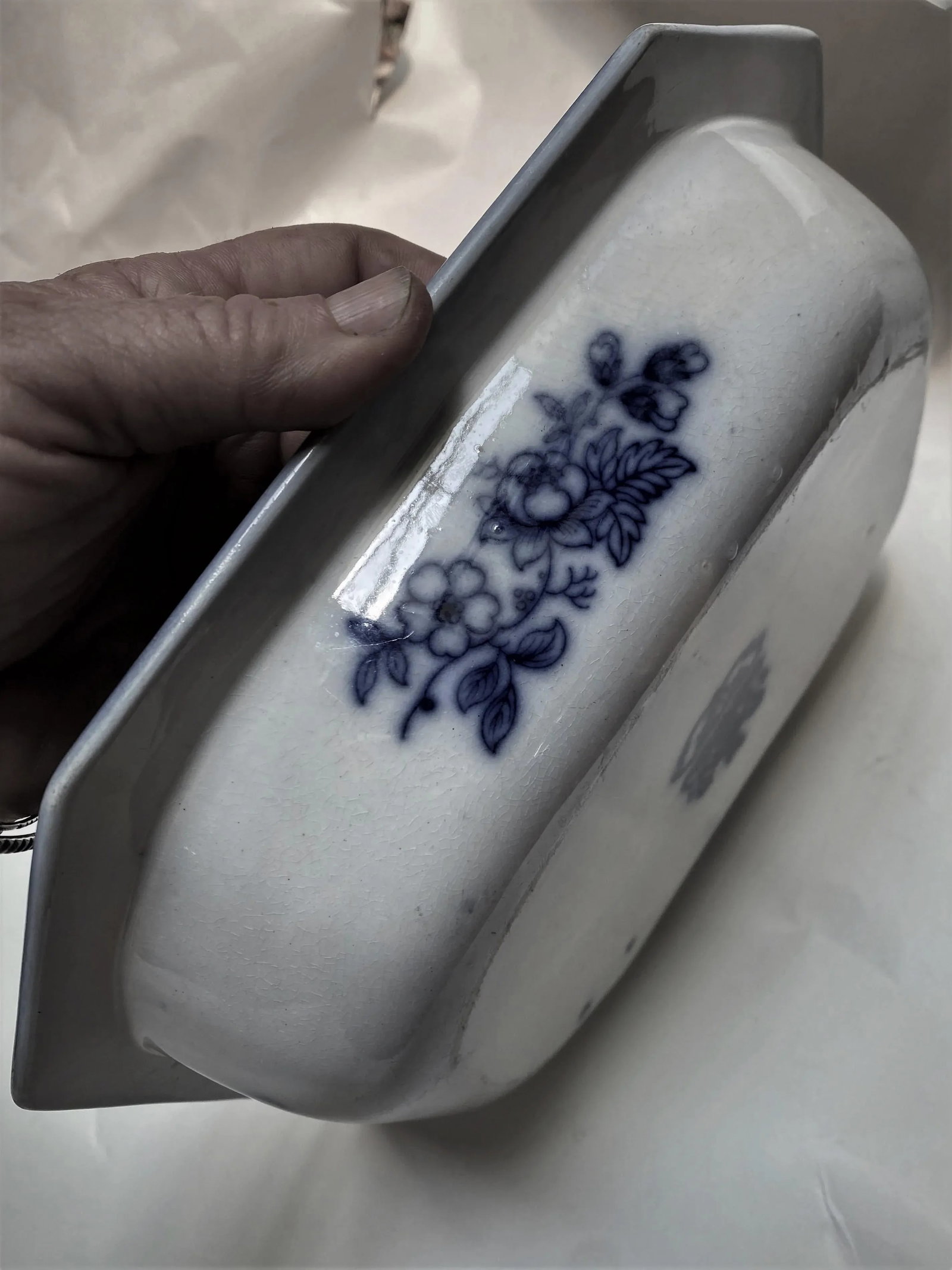 Antique R & M Dark Flow Blue Pheasant Pattern Octagonal Oval Serving Bowl - 4