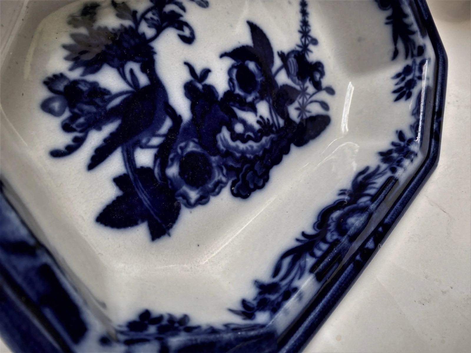 Antique R & M Dark Flow Blue Pheasant Pattern Octagonal Oval Serving Bowl - 7