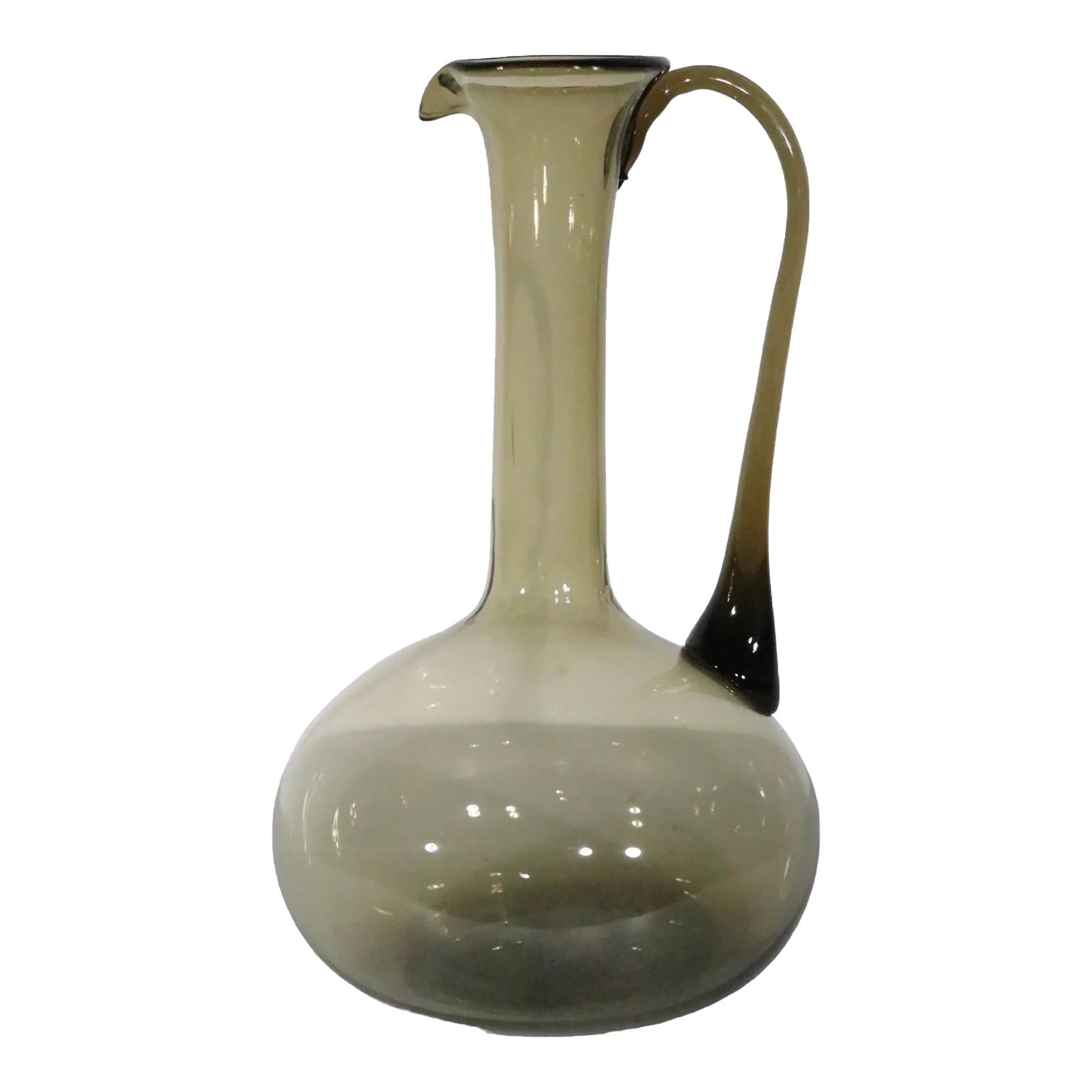 Mid Century Tinted Glass Pitcher Att. To Empoli C 1950/1970's: Chic decorative art glass pitcher, in tinted glass with an applied glass handle. The pitcher is in very good, original condition, showing only light cosmetic wear, normal and consistent with age.