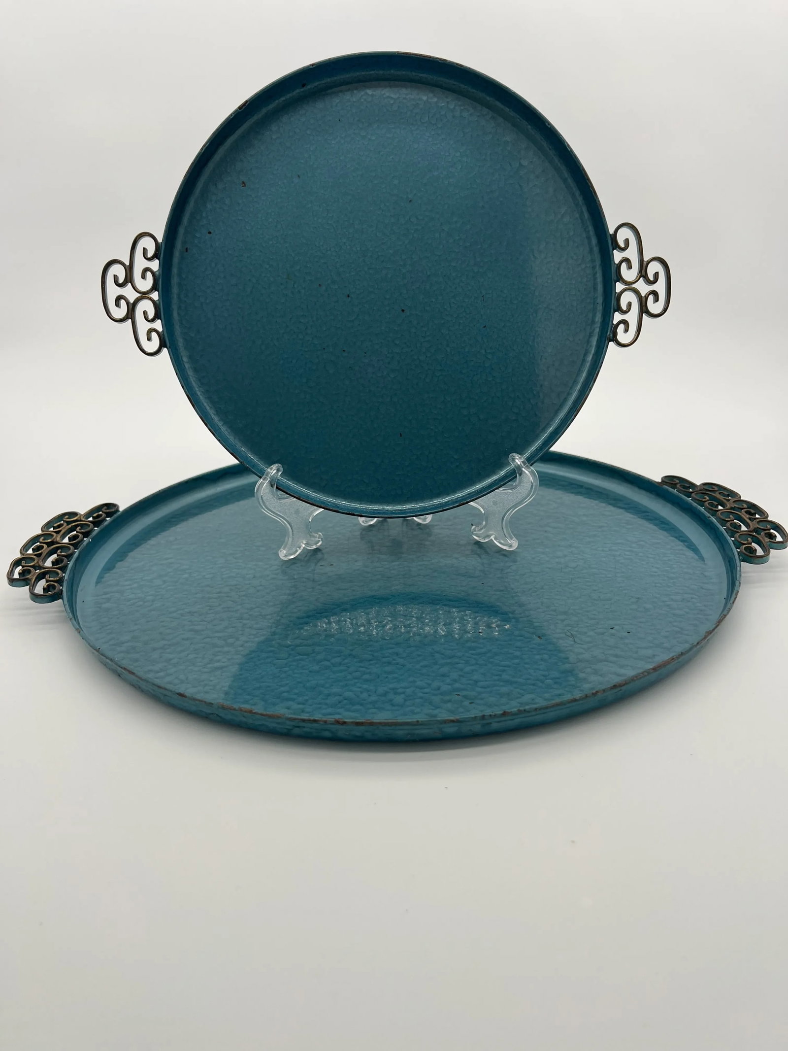 Kyes Moire Round Trays in Blue - a Pair - 2