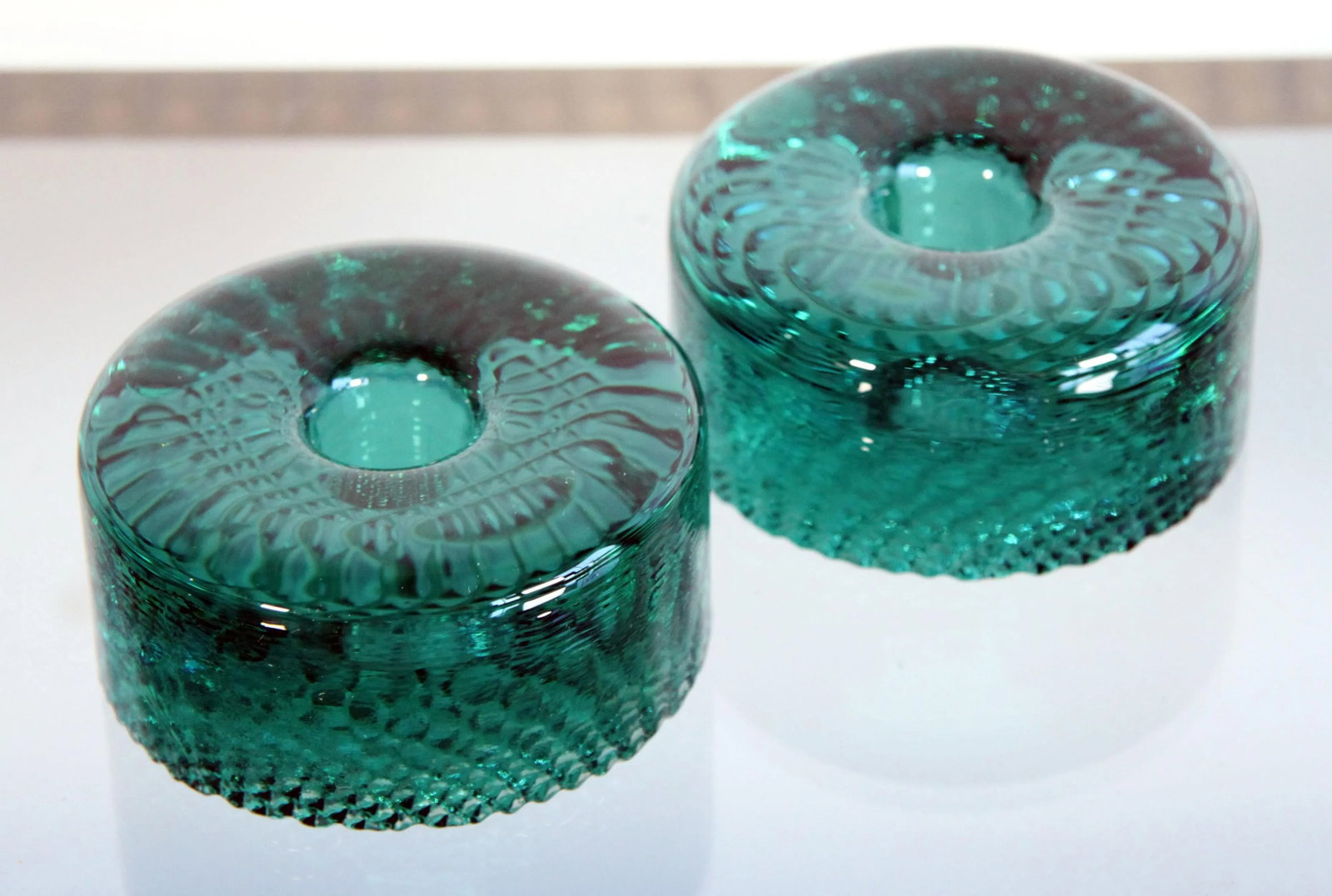 Vintage 1980's Jaroslav Svoboda for Karlov Tuquoise Czech Art Glass Candle Holders - a Pair - 2