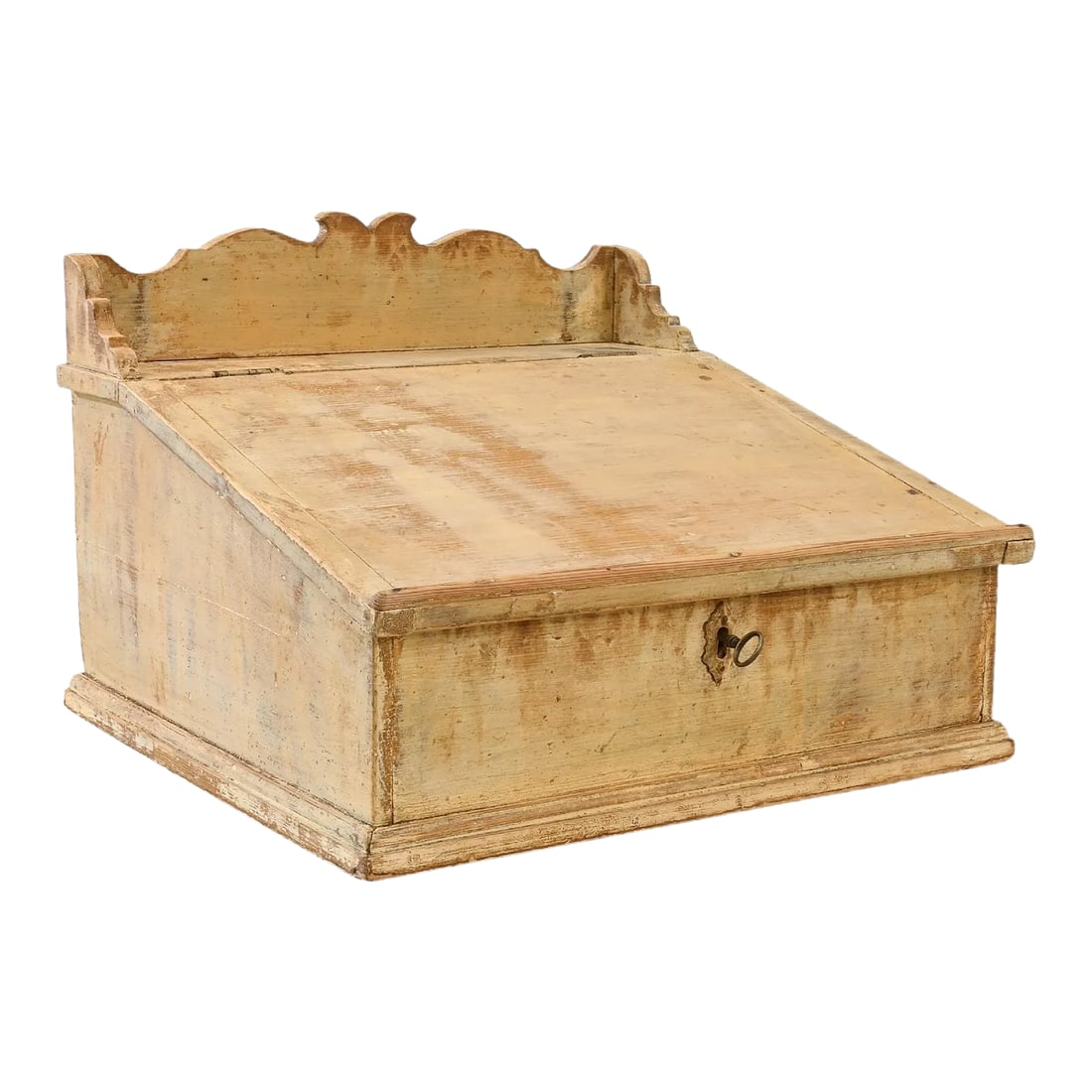 1800s French Antique Patinated Ecritoire: This antique ecritoire was crafted in 19th century France. A heavily distressed wooden ecritoire, this desk organizer flaunts a spacious case with an elegant slant top and a subtle craquelure finish.