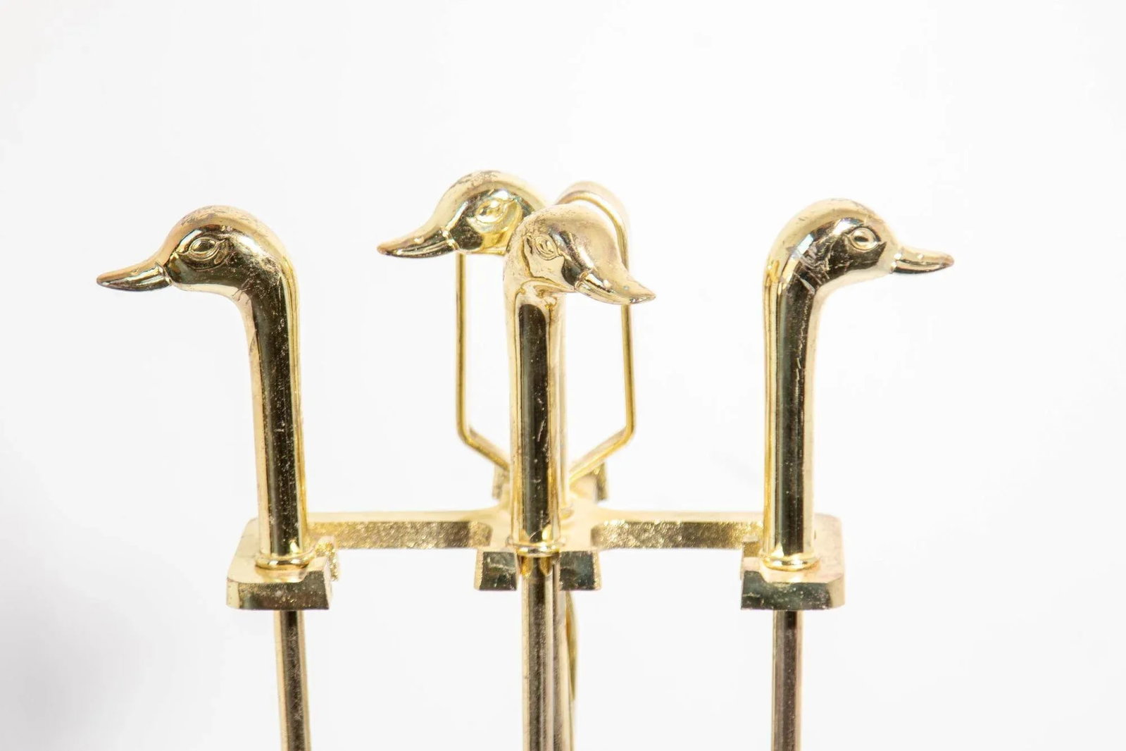 Vintage Fireplace Tools in Brass Metal Plated With Duck Heads Fire Tools - 2