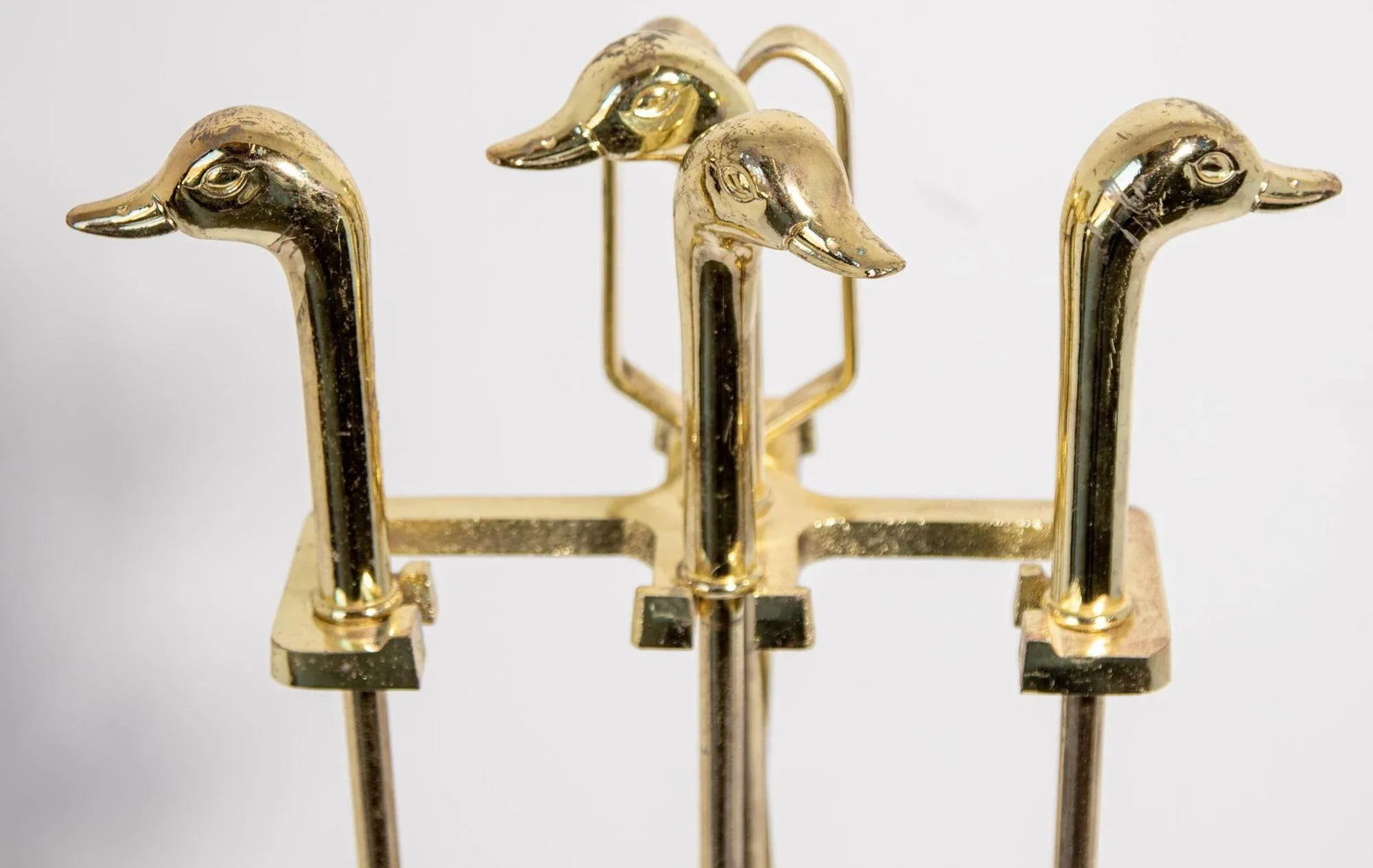 Vintage Fireplace Tools in Brass Metal Plated With Duck Heads Fire Tools - 4