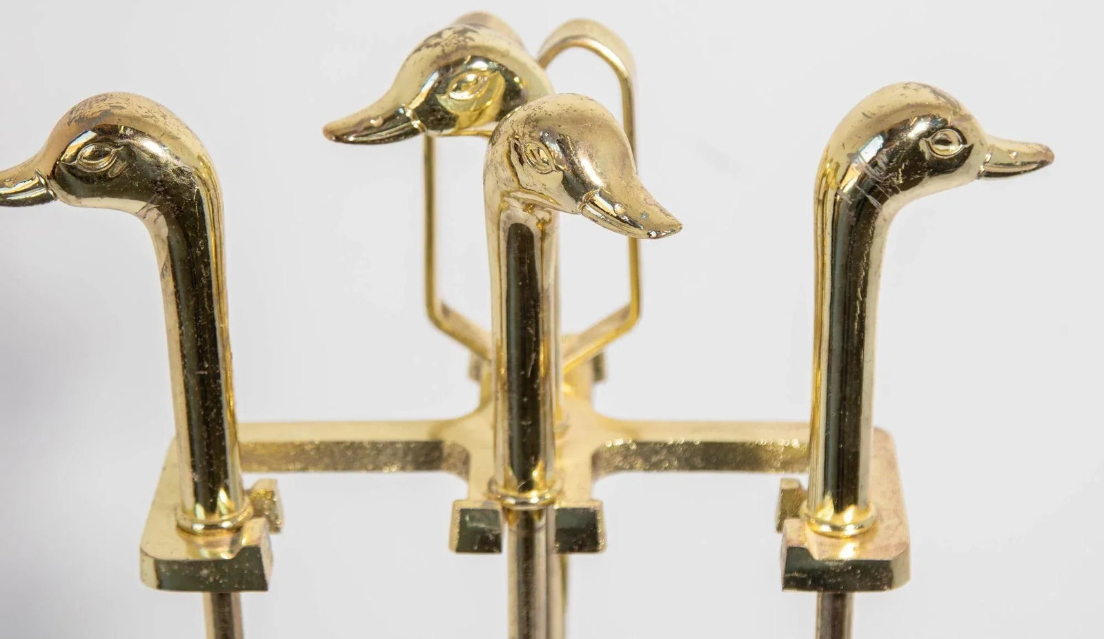 Vintage Fireplace Tools in Brass Metal Plated With Duck Heads Fire Tools - 8
